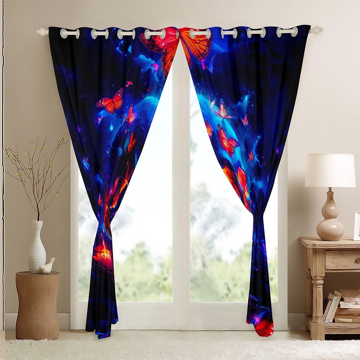 Feelyou Skull Curtains for Bedroom Living Room (2 Panels, 42 x 90 Inch) Butterfly Room Darkening Blackout Curtain Gothic Skull Darkening Drapes Bones Window Treatments Blue Orange
