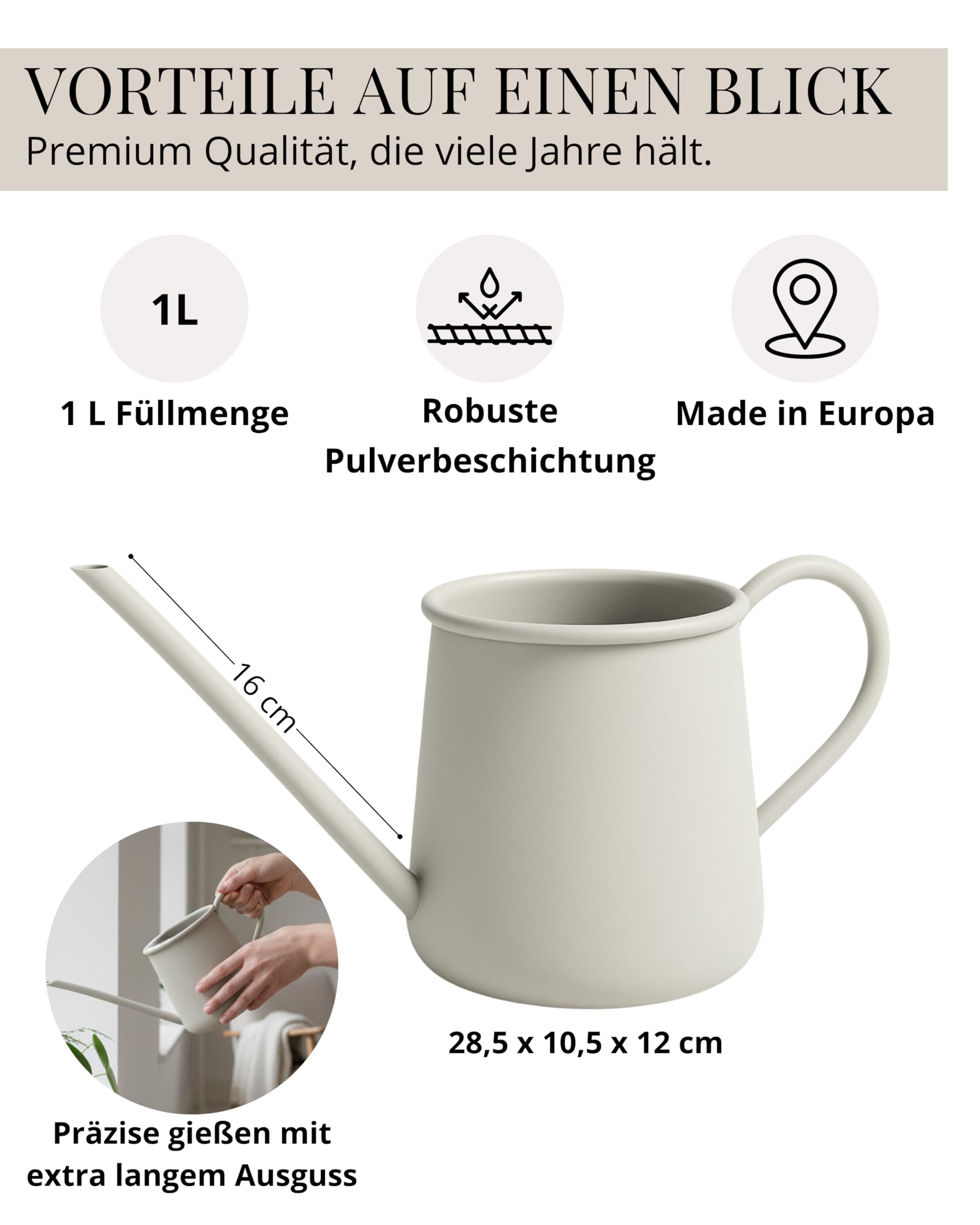 Livlig53 Gießkanne 1L, Gießkanne Zimmerpflanzen, Blumengießkanne mit extra langem Ausguss, Giesskanne klein für Topfpflanzen, Metallgießkanne in Greige