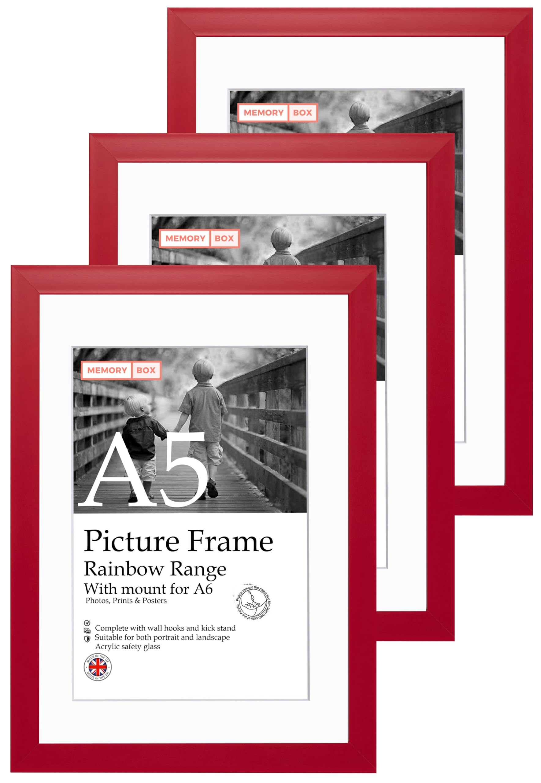 A5 Red Picture Frame Set of 3, Perfect for Displaying A6 Pictures with Mount or A5 Pictures Without Mount, Gallery Wall, Posters, Photos, Artwork, or Prints, Red