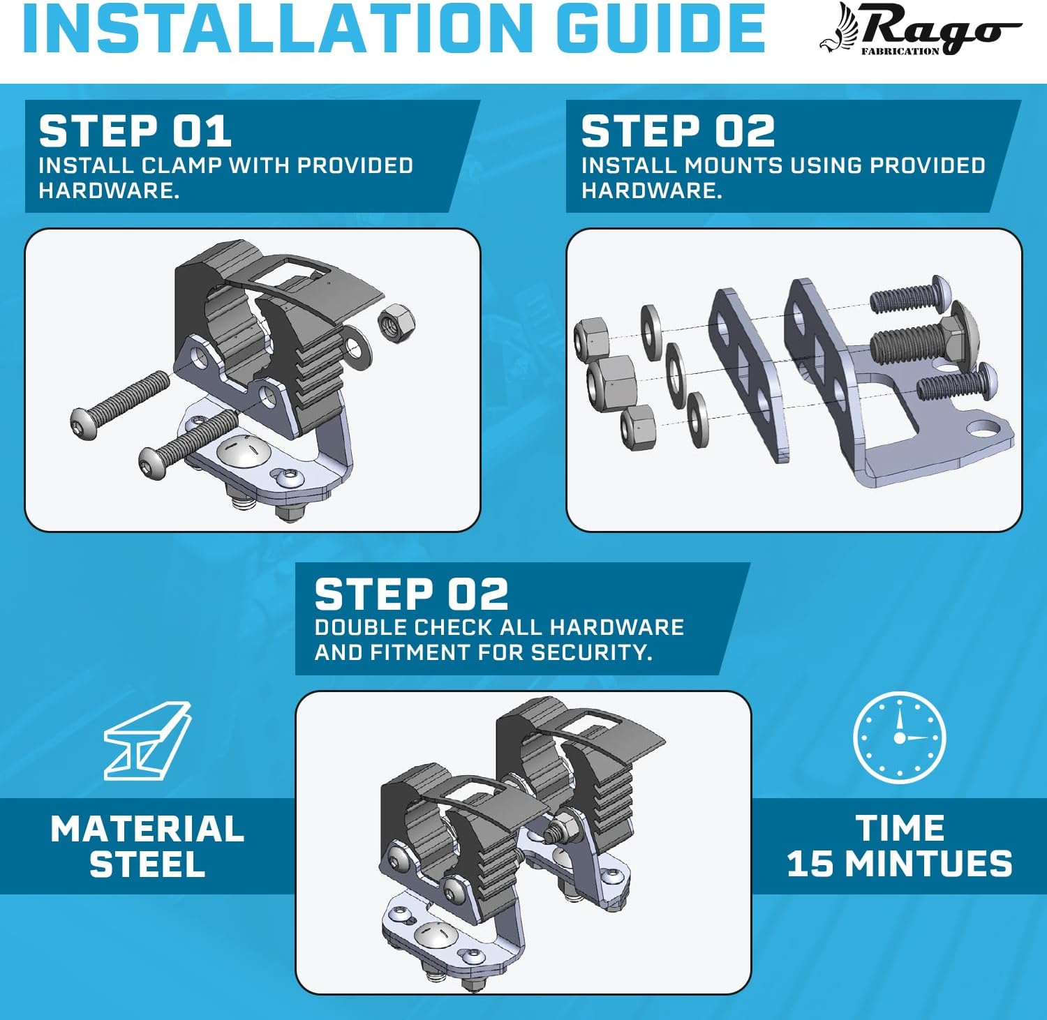 Rago Fabrication Molle Panel Mounts with Quick Fist Clamps for Shovels and Axes - CNC Cut Aluminum Mounting Brackets for Truck Beds - Made in USA