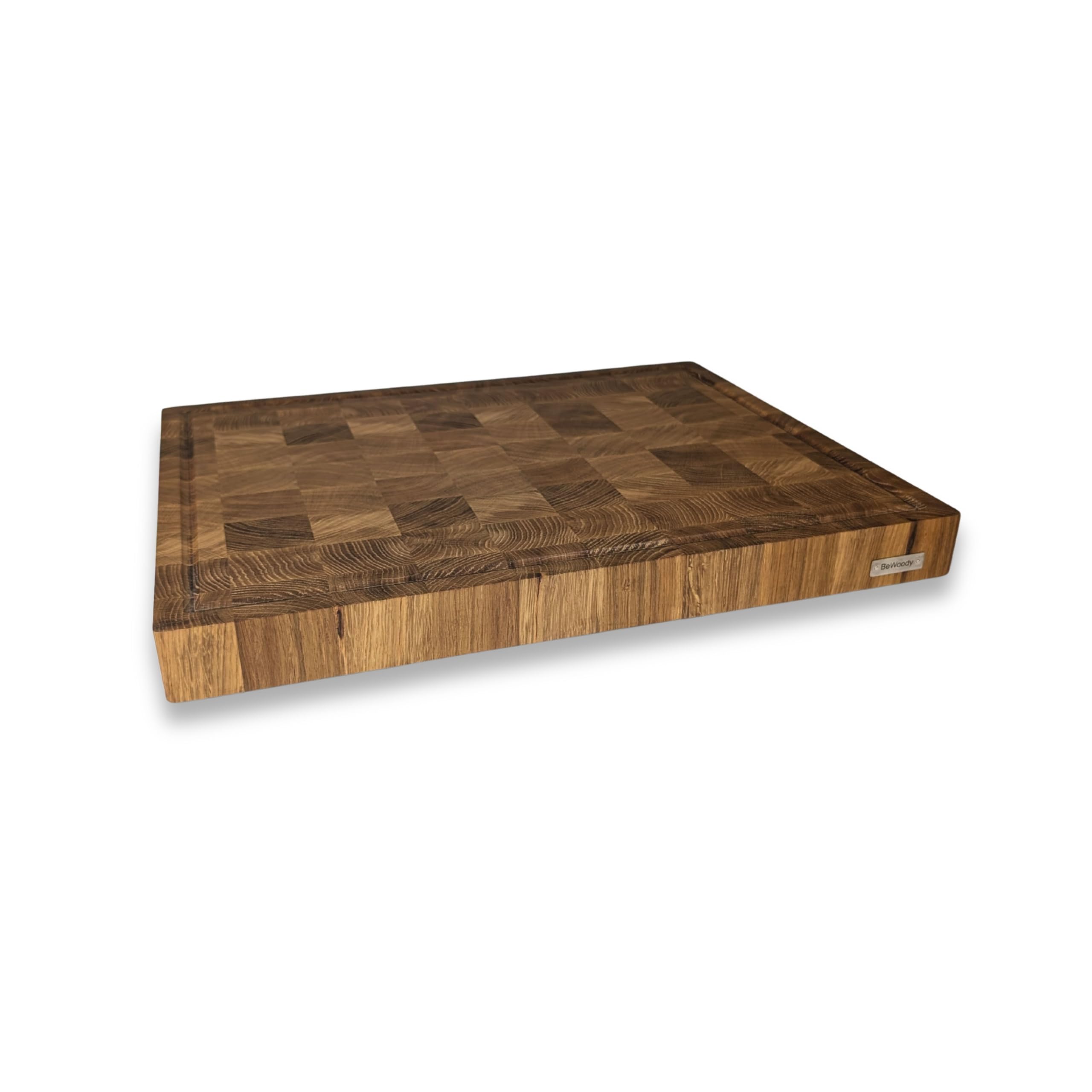 XXL Premium Stirnholz Schneidebrett Eiche 60x40x4,5 cm mit Saftrille – Massives Holzbrett & Tranchierbrett mit Griffmulden & Silikonfüßen – Hackblock Eiche