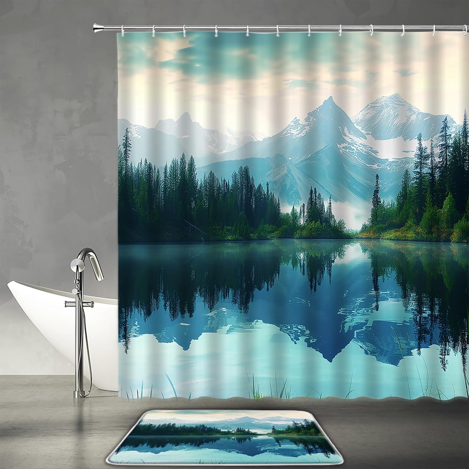 Landscape Shower Curtain Mountain Sky Cloudy Reflection Lake Forest Fabric Bathroom Decor Set with Hooks(70" WX70 H)