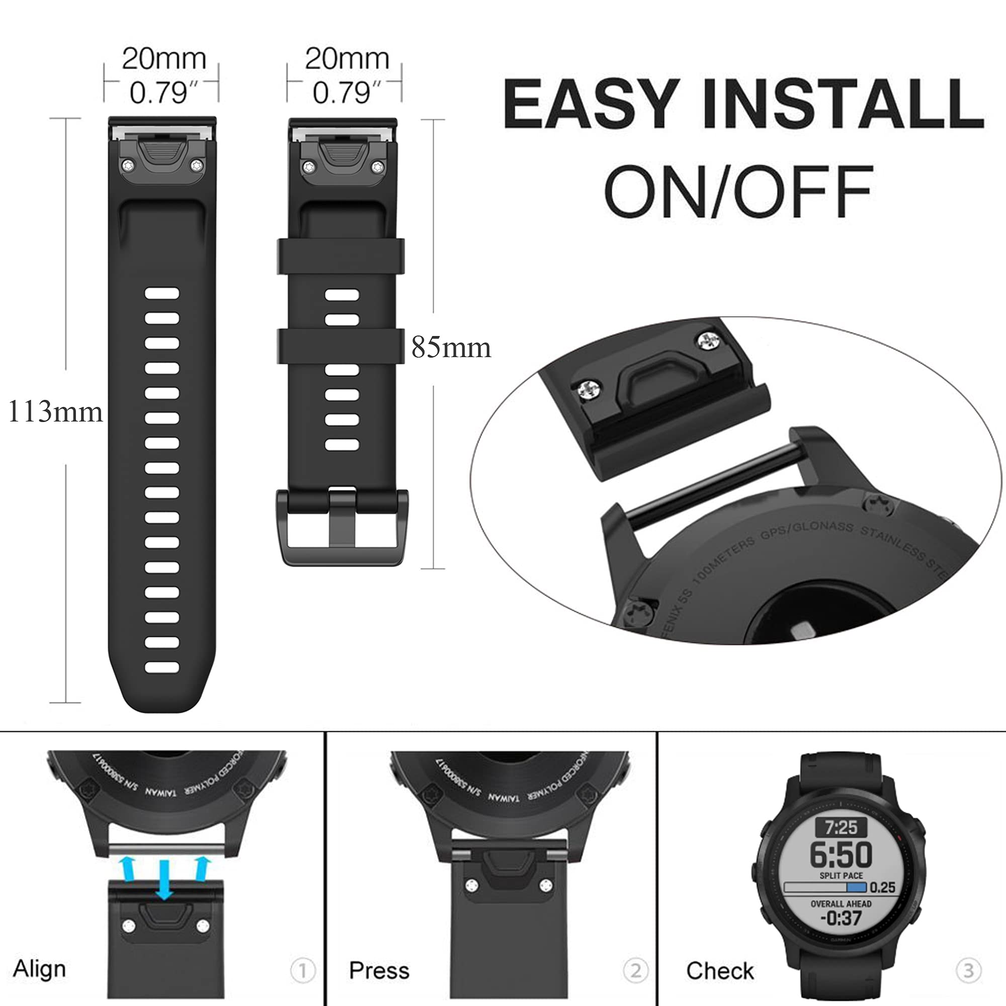 Bracelet pour Garmin Fenix 7S/6S/5S, bracelet de rechange en silicone souple pour montre intelligente Garmin Fenix 7S Pro/6S Pro/5S Plus/D2 Delta S