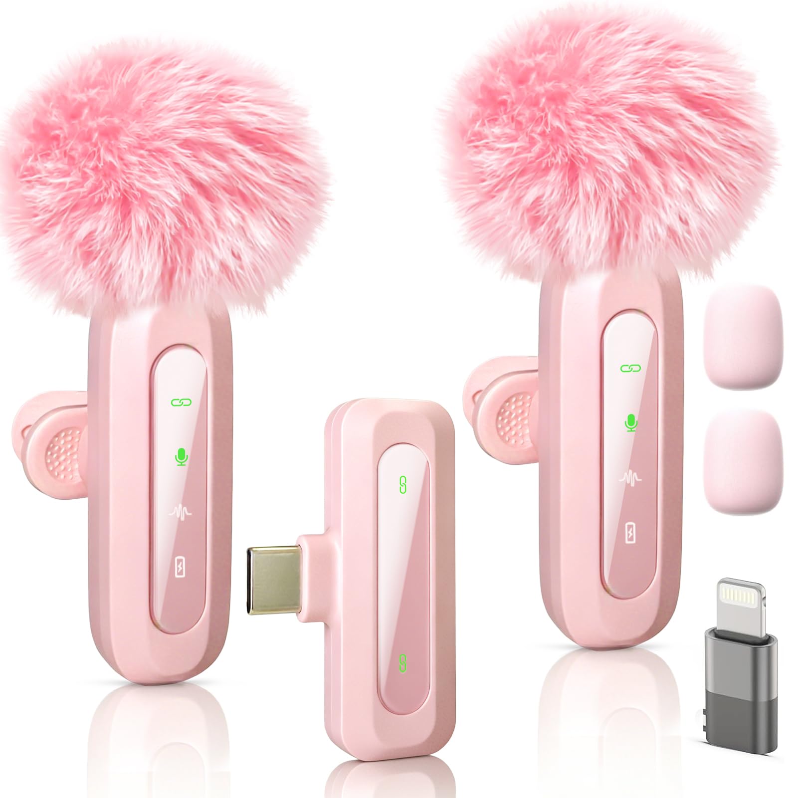 Microfono rosa per iPhone e connettore USB-C, microfono lavalier con cancellazione del rumore, display a LED e clip girevole, ideale per vlog, TikTok e creazione di contenuti