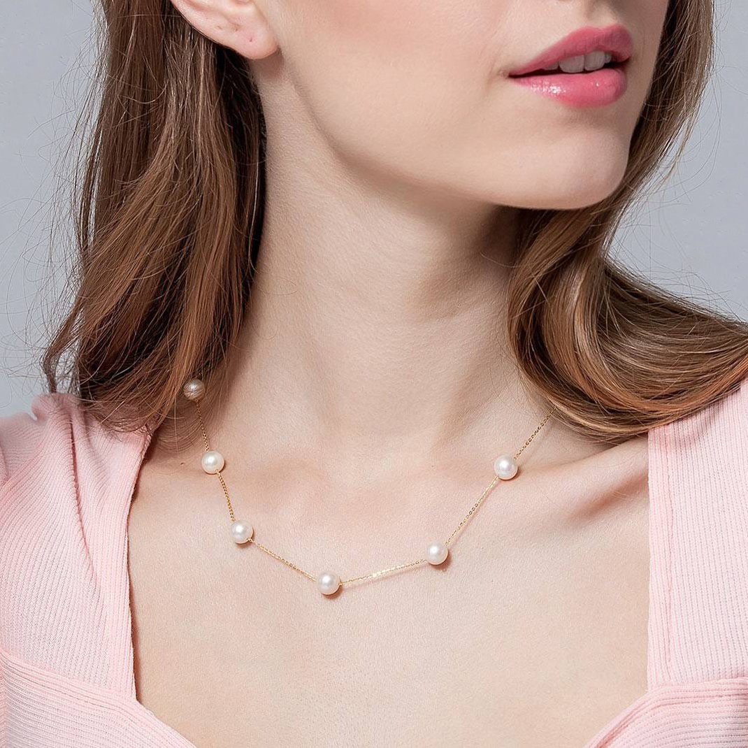 JFUME Damen Perlen Kette 925 Sterlingsilber-Kette 7-8mm Off runden Kultivierte Süßwasserperlen Halsketten Schmucksachen 18"