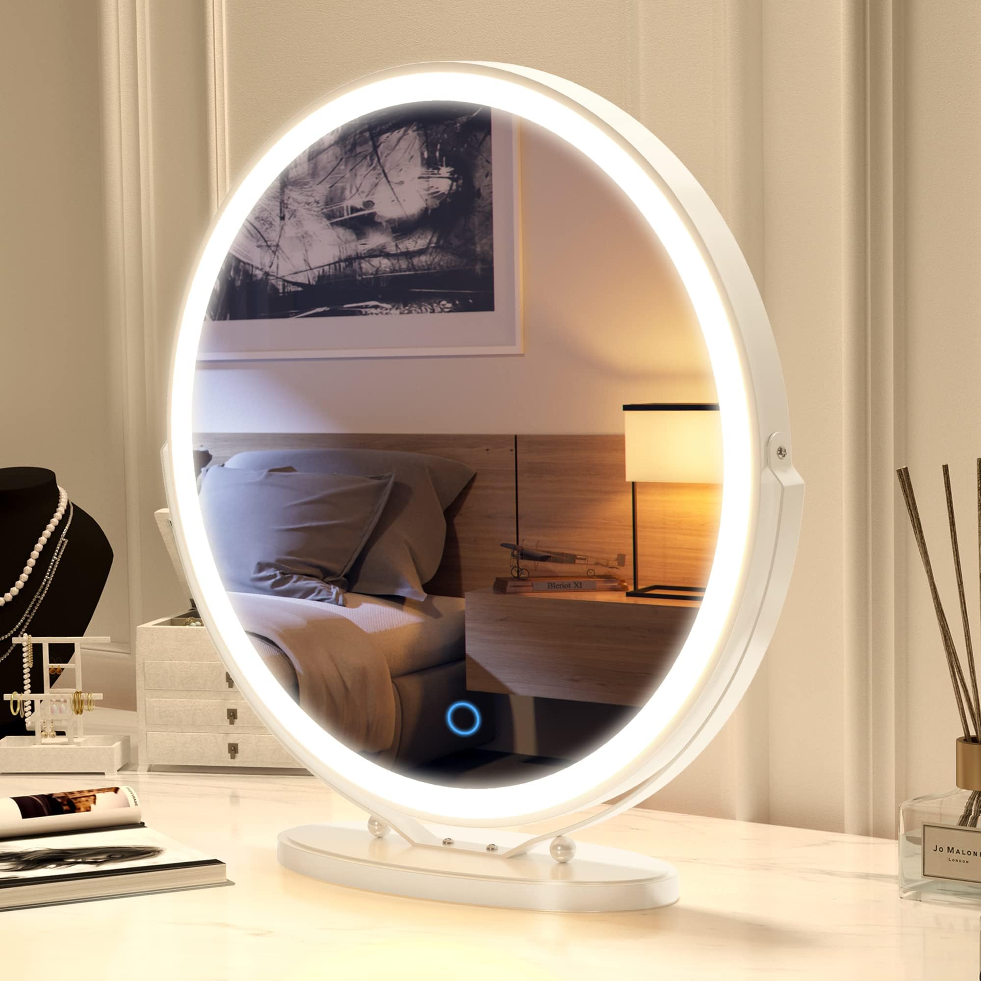 Vlsrka 20 inch Vanity Mirror with Lights, Round LED Makeup Mirror, Large Makeup Mirror with Lights, High Definition Lighted Up Mirror for Bedroom, Touch Control 3 Color Dimmable, 360° Rotation, White