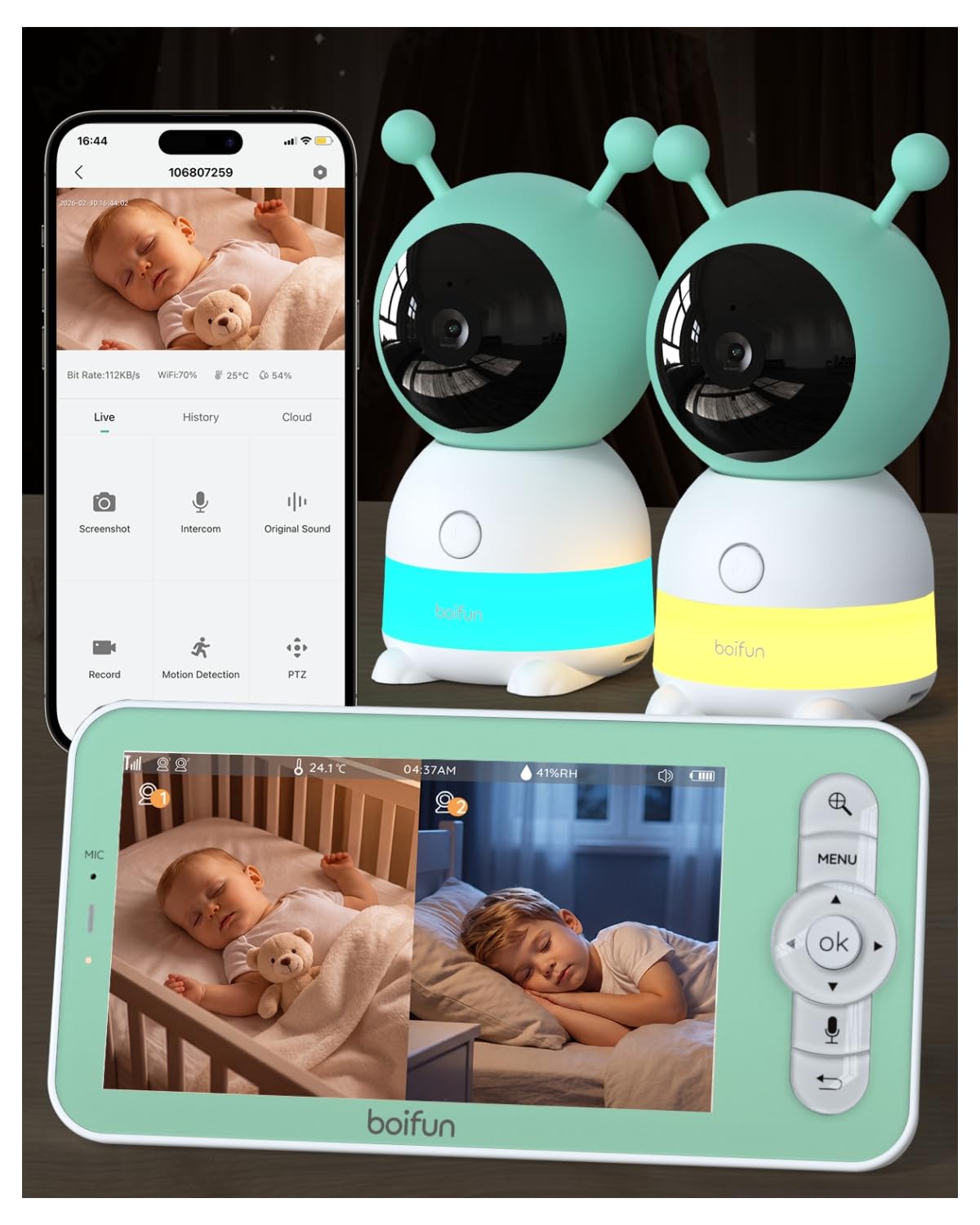 BOIFUN Baby monitor 5" con schermo diviso e 2 telecamere, baby monitor WiFi 2K tramite schermo e controllo tramite app, registrazione e riproduzione, sensore di temperatura e umidità