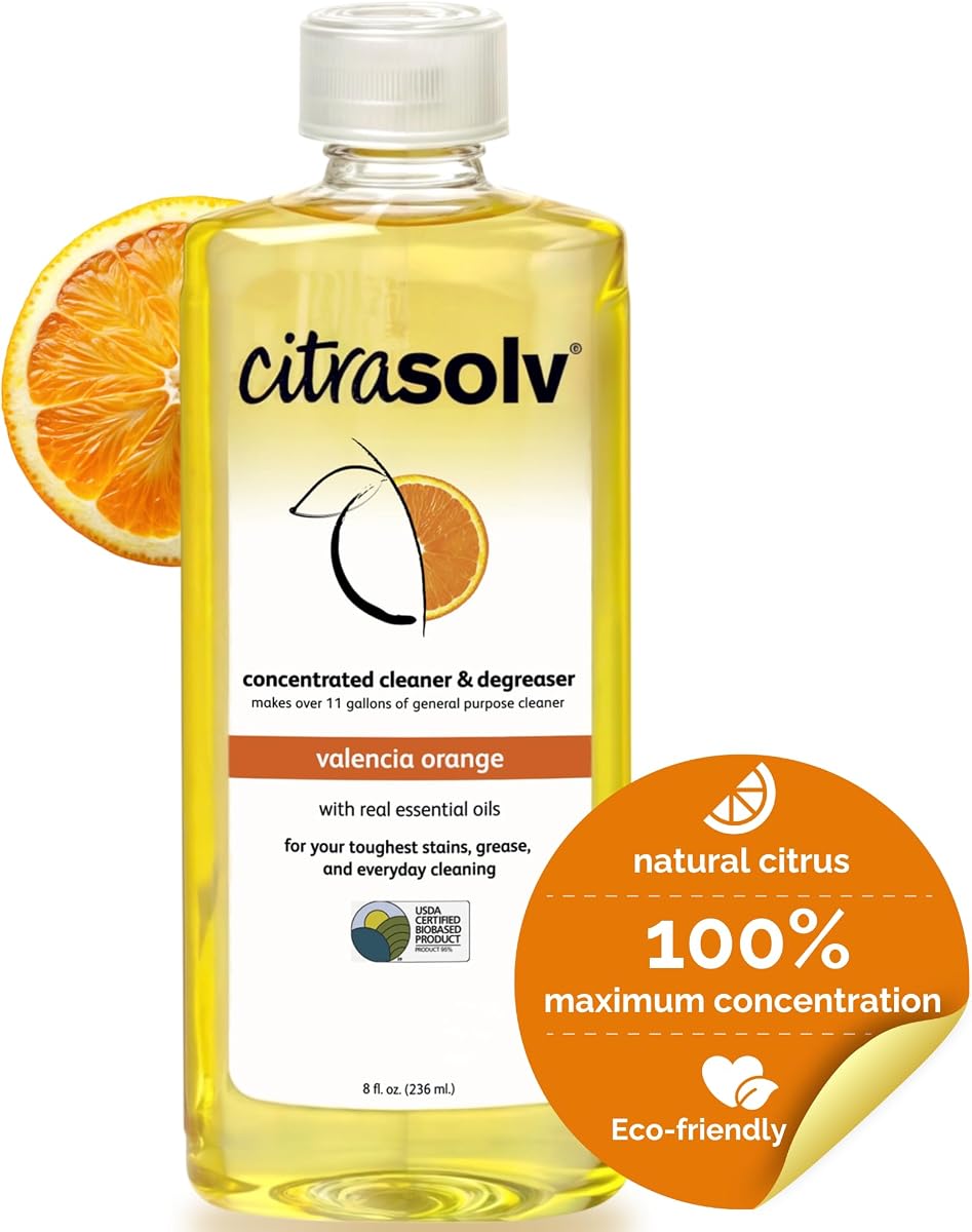 Limpiador y desengrasante concentrado Citra Solv, desodorante, hogar y exterior, removedor de adhesivos, diluyente de pintura, aceite de naranja natural, naranja Valencia 8 onzas líquidas | Fórmula concentrada | Limpiador y desengrasante multiusos | Elimina grasa, aceite y residuos pegajosos