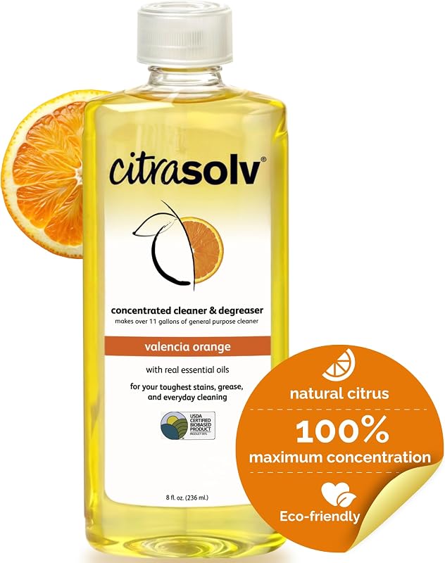 Limpiador y desengrasante concentrado Citra Solv, desodorante, hogar y exterior, removedor de adhesivos, diluyente de pintura, aceite de naranja natural, naranja Valencia 8 onzas líquidas | Fórmula concentrada | Limpiador y desengrasante multiusos | Elimina grasa, aceite y residuos pegajosos