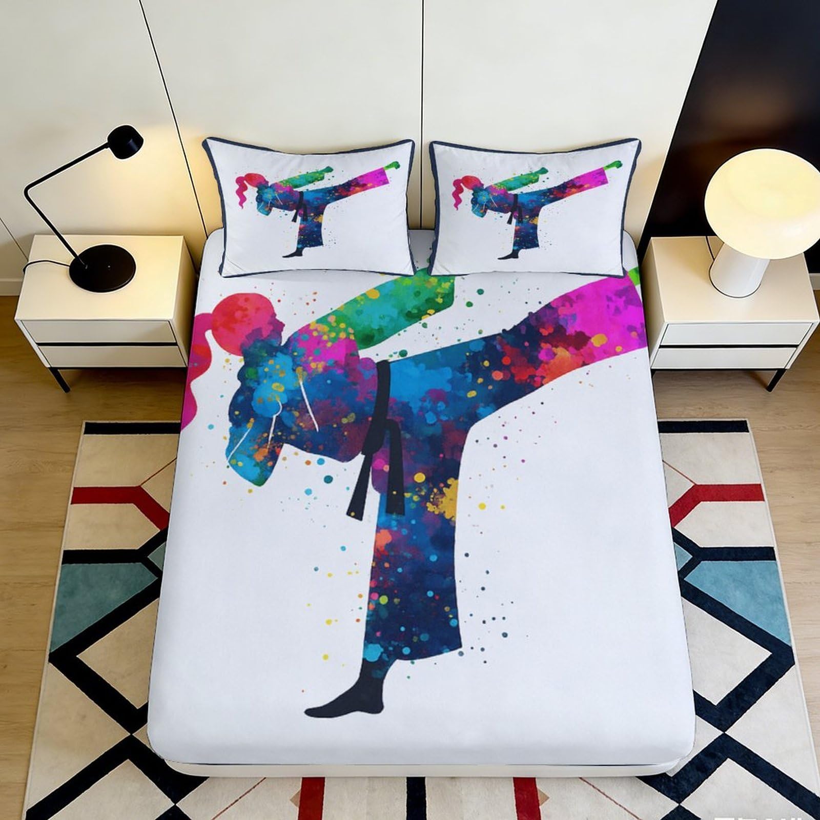 3D Printed Karate Silhouette Fitted Sheet Microfiber Color Splash Bed Cover for Bedroom Dorm Mattress Decor 90x200x25cm