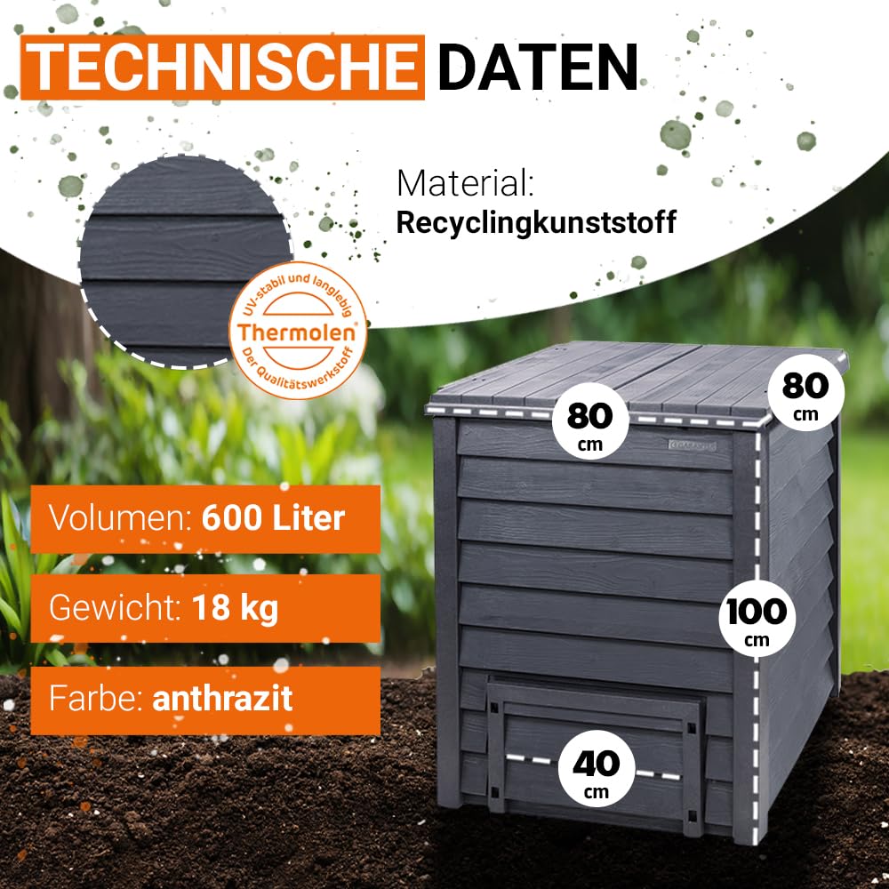 GARANTIA Thermo-Wood Komposter 600 Liter inkl. Bodengitter anthrazit-braun - mit moderner Optik für den Garten - werkzeuglos montiert und komfortabel nutzbar - aus Recyclingkunststoff samt UV-Schutz