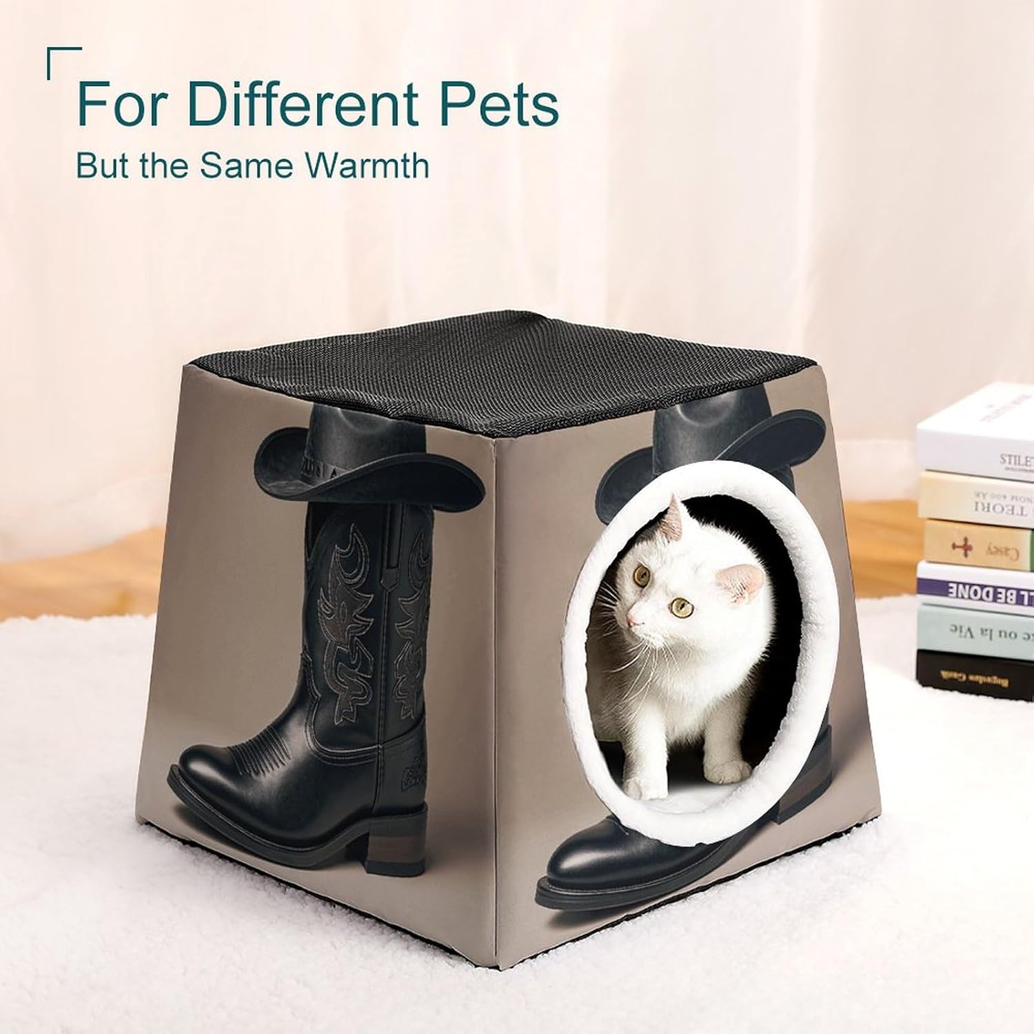 Capsule Pet Waterloo Cowboy Black Hat Western Boots Printed Foldable Dog House Cat Cave Soft Kitten Bed Warm Rabbit Nest Chinchillas Hideout for Indoor Small and Medium Animal