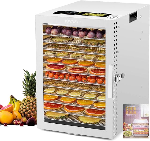 Kwasyo 12 Trays Stainless Steel Food Dehydrator, Dual fan 360° Efficient Drying, 24H Adjustable Timer & 20-90 Temperature Control, Overheat Protection, Dehydrator Food Dyer uk for meat fruit, 800W