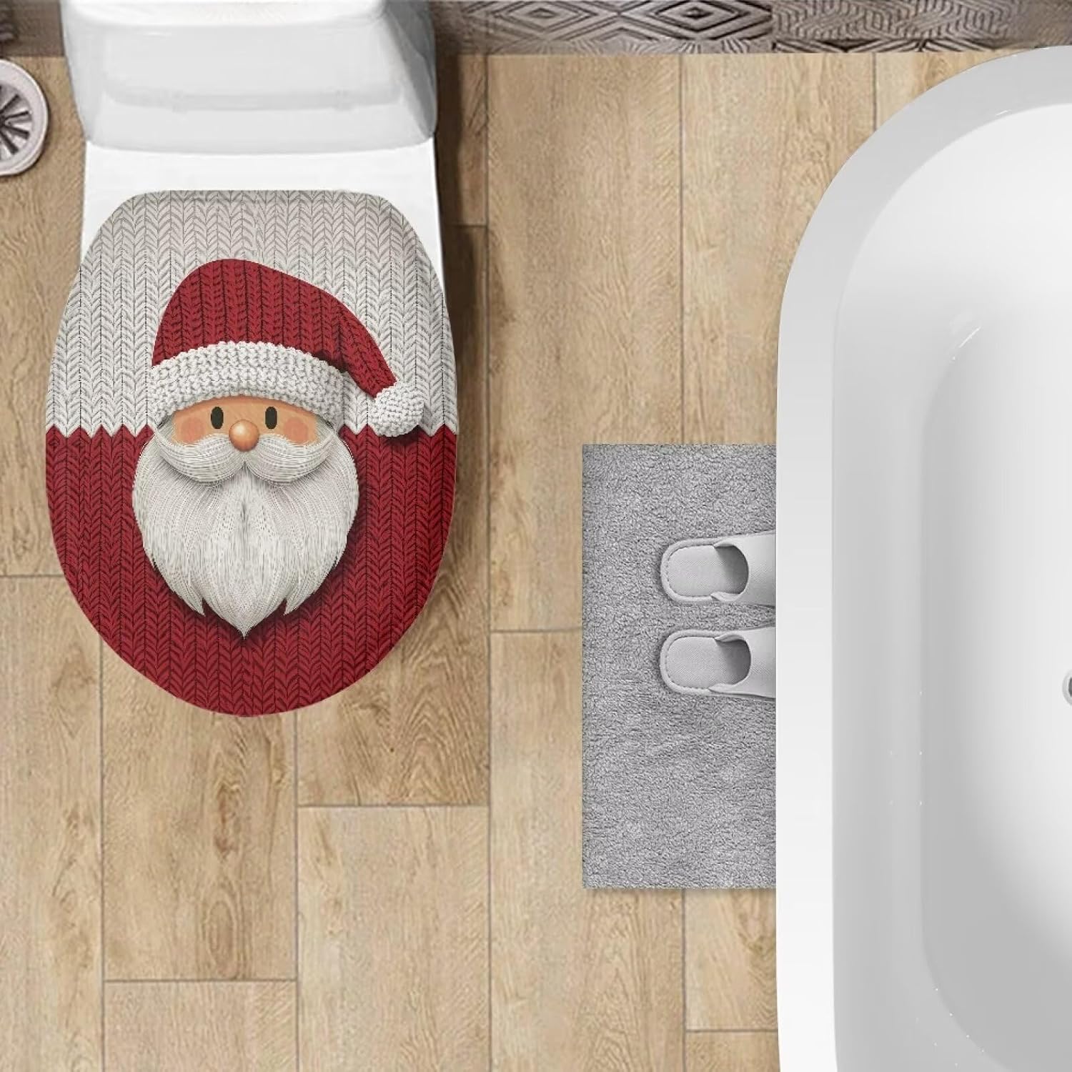 Knit Print Santa Claus Toilet Seat Lid Cover Christmas Decor Toilet Lid Covers for Bathroom Washable Elongated Toilet Seat Cover Fits for Most Oval Oblong Lids Xmas Theme