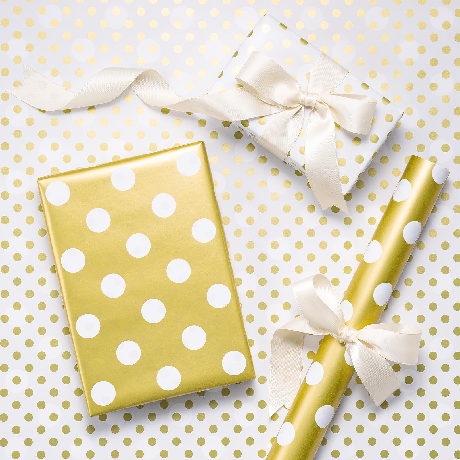 RUSPEPA Mini Reversible Gold Foil Polka Dot Wrapping Paper White Gold Large Small Dots Elegant For Birthdays Weddings Baby Showers Parties 43.2cm x 5m
