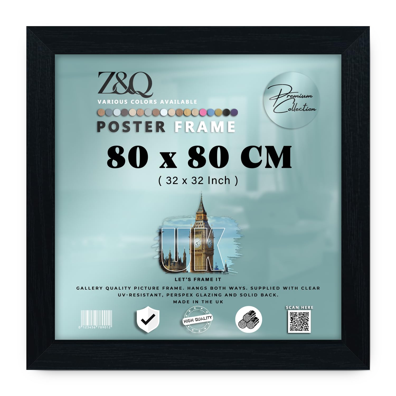 Z&Q Wall Mounted Poster Picture Frame Black 80 x 80 cm Display Painting Photo Print With HD Clear Perspex Both Ways Hanging Hooks MDF Wood 30x15mm Moulding