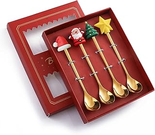 4Pcs Christmas Coffee Spoons with Red Gift Box Creative Christmas Tree Santa Star Stainless Steel Spoons for Dinner Tableware Dessert Tea Soup Stirring Spoon Practical Xmas Gift