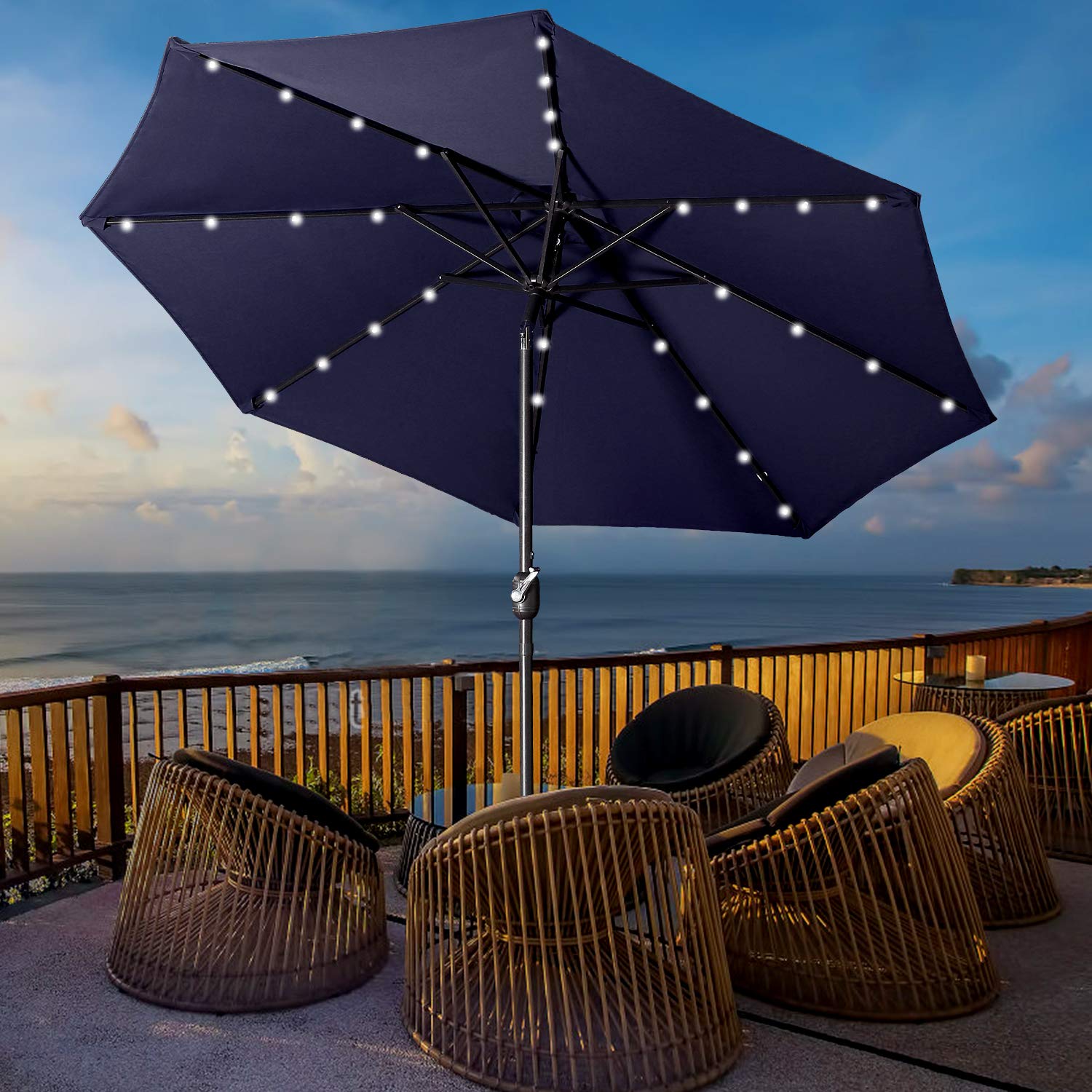 Amazon Com Aok Garden 9 Ft Patio Umbrella With Solar Lights Outdoor 32 Led Table Umbrella 8 Ribs With Push Button Tilt And Crank For Market Deck Backyard And Pool Navy Blue