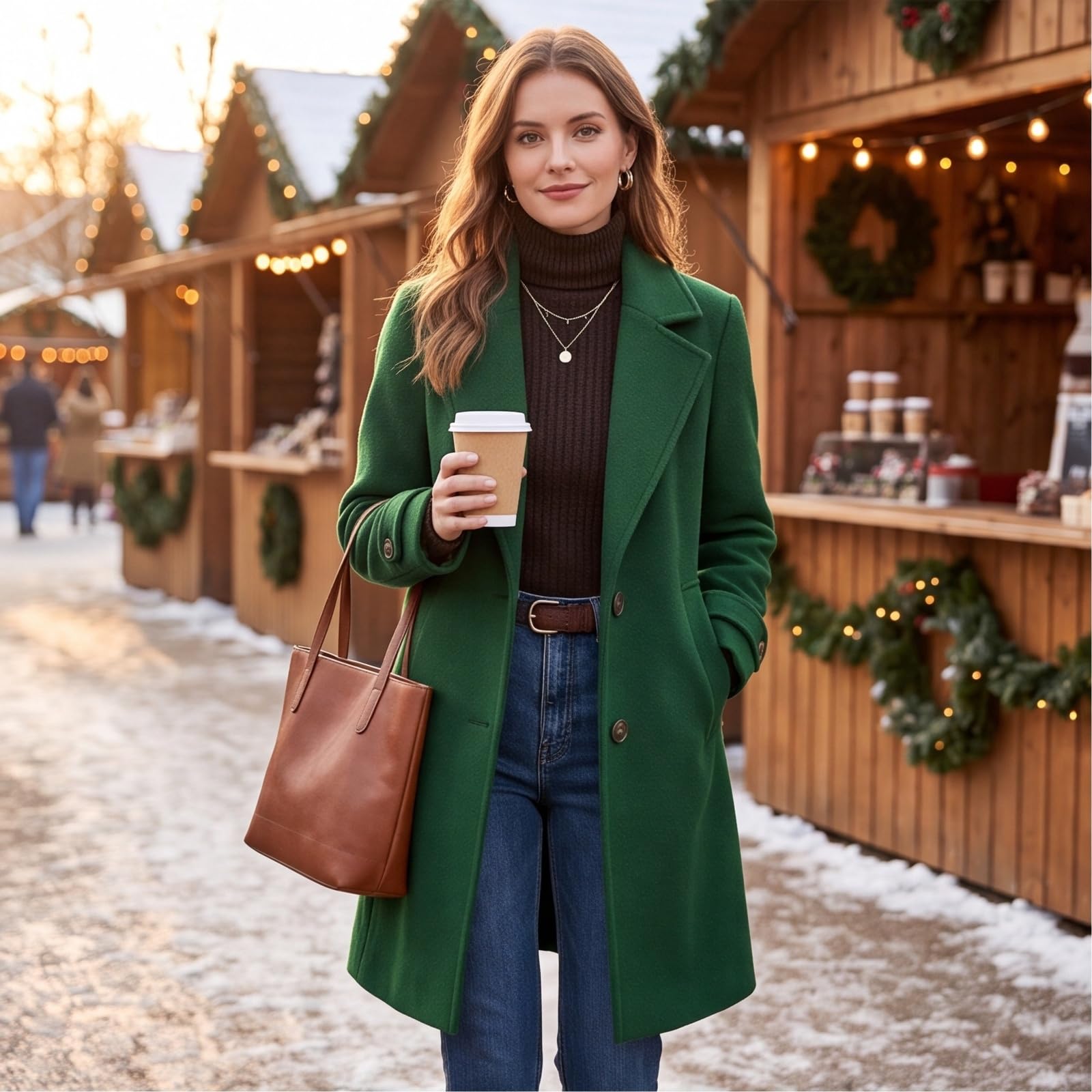 Generisch Wollmantel Damen Winter Wolljacke Mittellang Wool Coat Winddicht