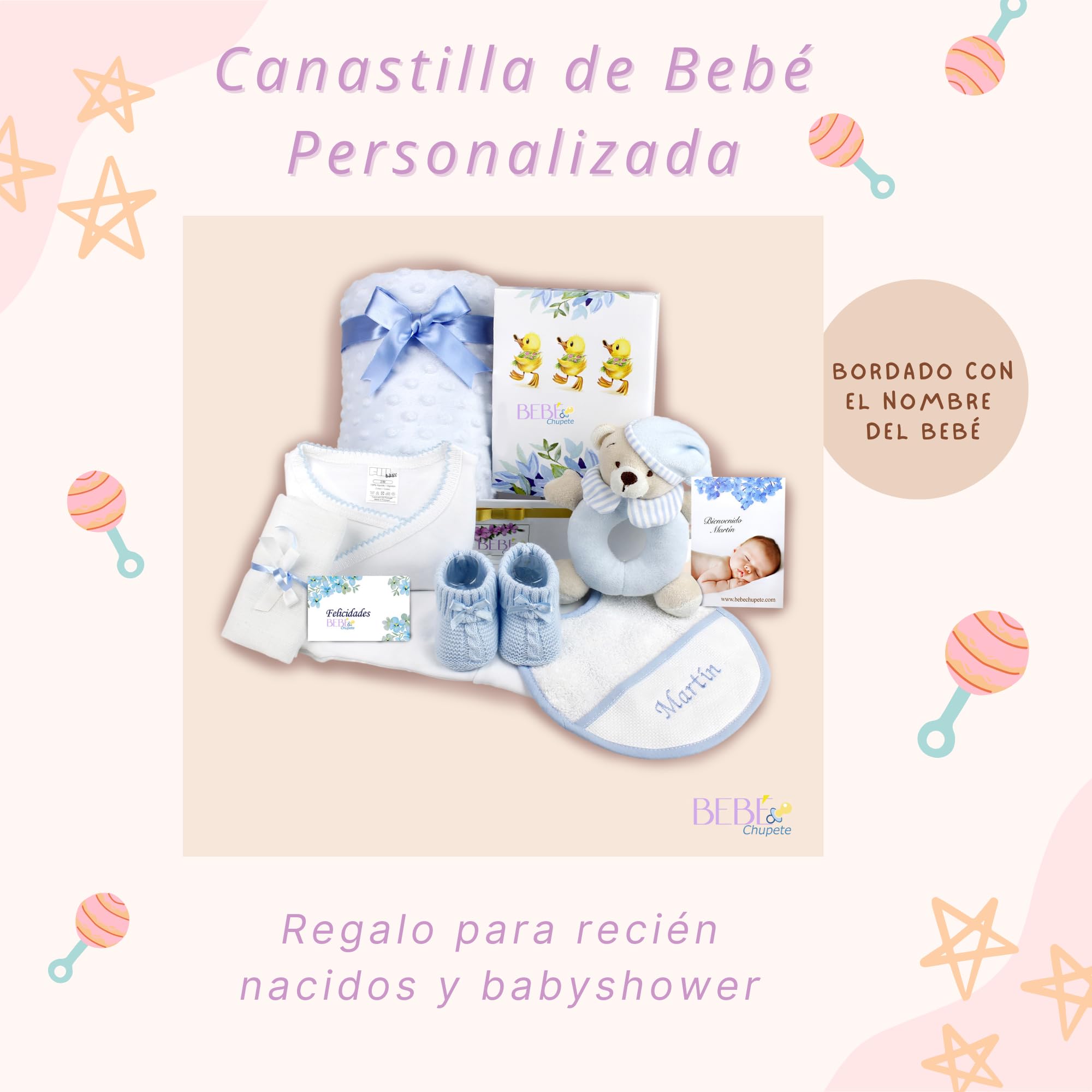 BEBÉCHUPETE Canastilla bebe Personalizada(Talla 0-3 meses)- Cestas bebe - Regalos bebes recien nacidos originales - Regalo bebe recien nacido niña -Recien nacido niño- Cosas para bebes (Azul)