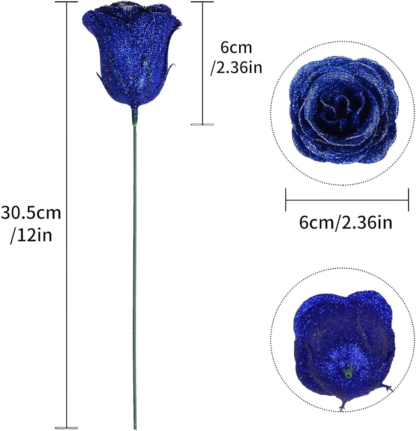 Glitter Roses Bouquet,30pcs Royal Blue Roses Sparkle Roses Artificial Roses with Stems for Crafts Wedding Bouquet Party Home Decor(Royal Blue with Silver Glitter)