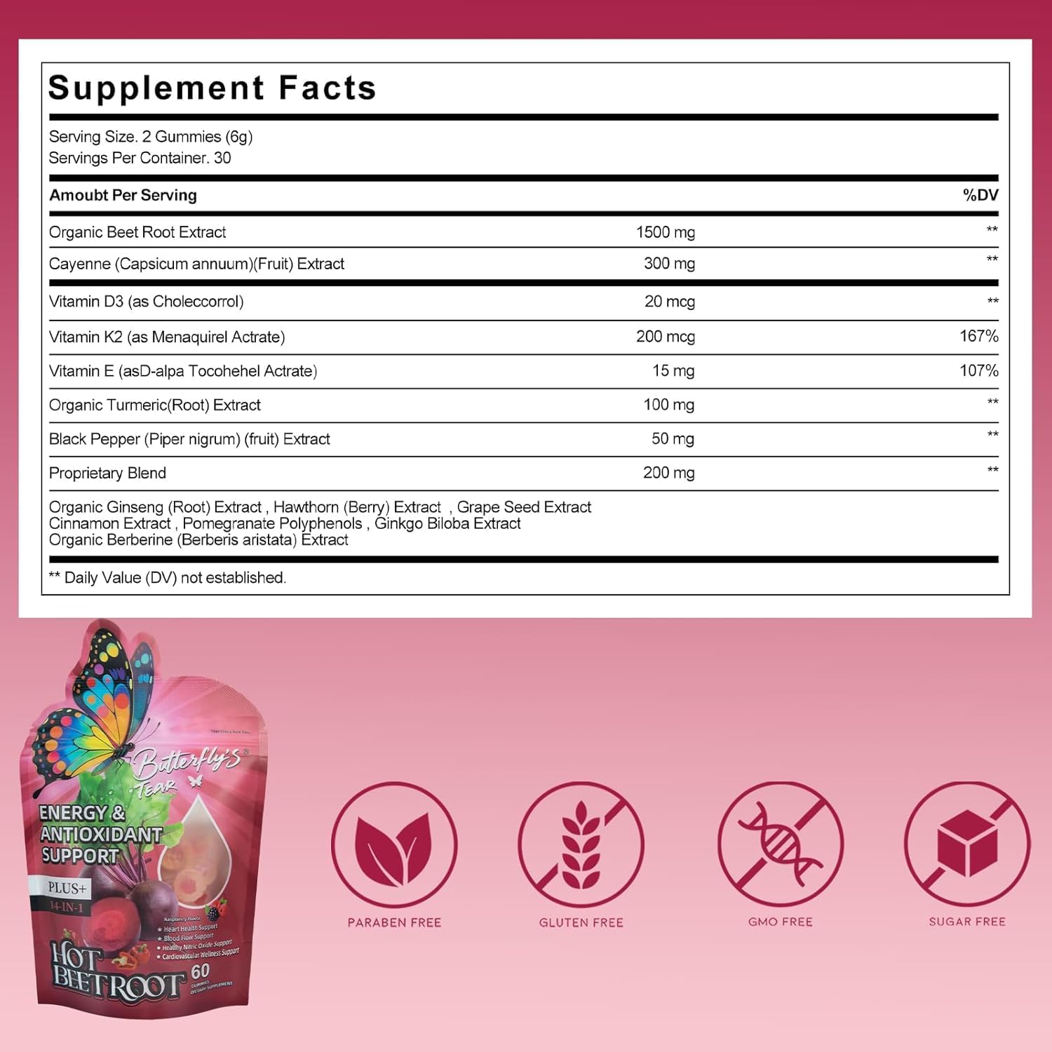 BUTTERFLY'S TEAR Organic Spicy Beet Root Gummies, Supports Heart & Blood Vessel Health, Promoting Nitric Oxide, Vitamin D3+K2+E, Extracts of Grape Seed, Hawthorn, Berberine and Other, Sugar Free