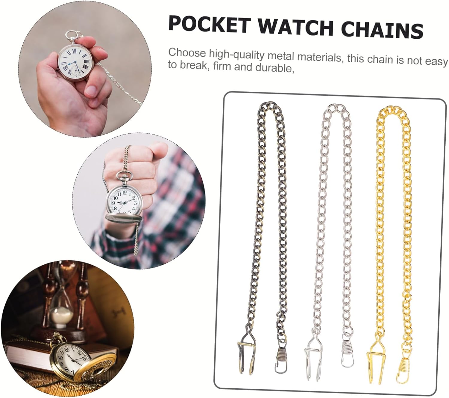 3 Pcs Retro Vintage Pocket Watch Chains Pendant Durable Metal Fob Chains for Men Women Jean Accessory Alternative Fashion