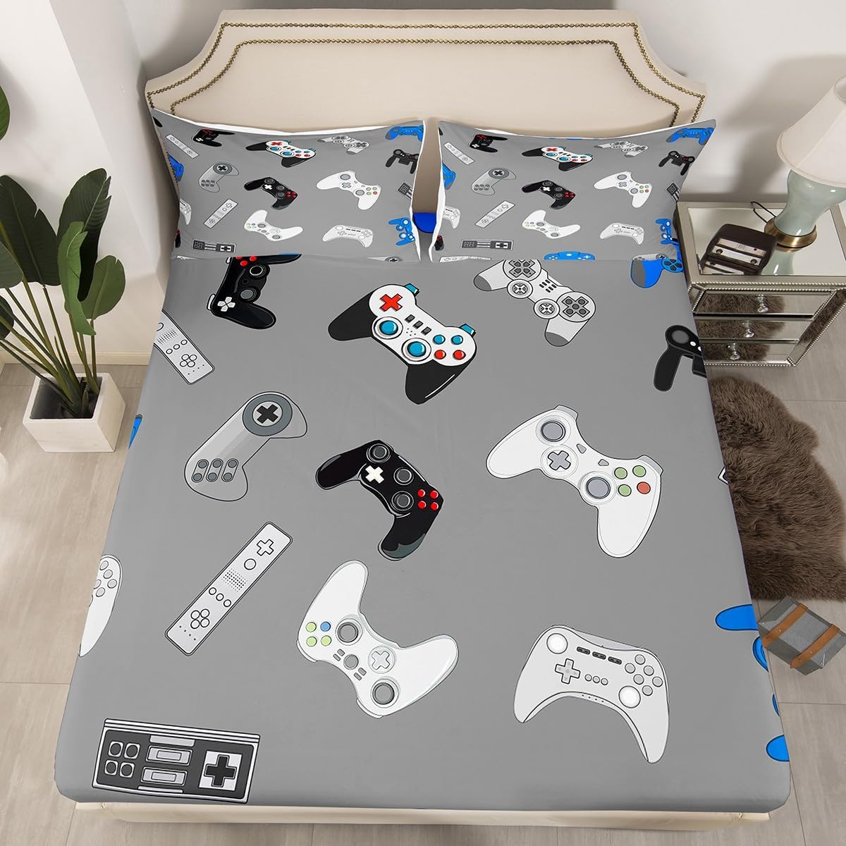 Feelyou Gamer Bedding Set Full Size for Boys Kids Cute Bed Sheet Set Gaming Video Game Sheets Set Lightweight Breathable Men Teens Game Room Decor Sheet, 1 Fitted Sheet + 1 Flat Sheet + 2 Pillow Case image 3