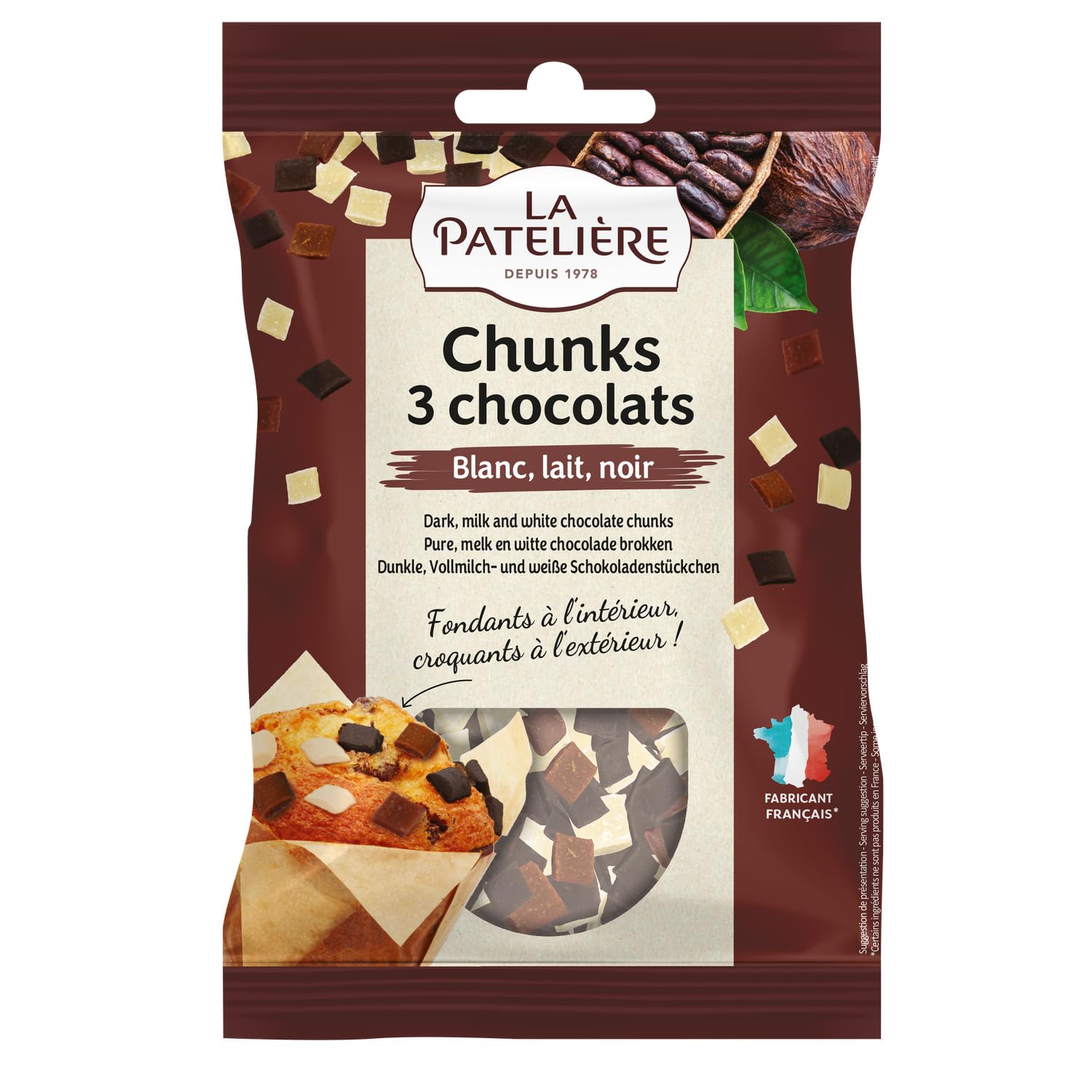 LA PATELIERE Pépites Chunks Trois Chocolats Noir Lait Blanc — Décoration Pâtisserie 100 g - Lot de 3