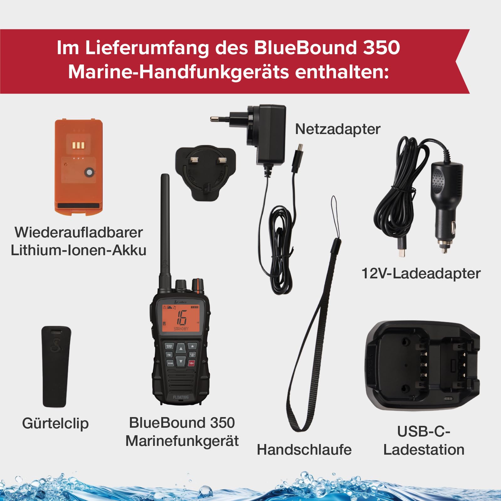 Cobra BlueBound 350 VHF Marine-Handfunkgerät – 6 Watt, schwimmfähig, Float n' Flash, IPX7, wasserdicht, Tag/Nacht-LCD-Display, Tri-Watch, schwarz, 1 Stück