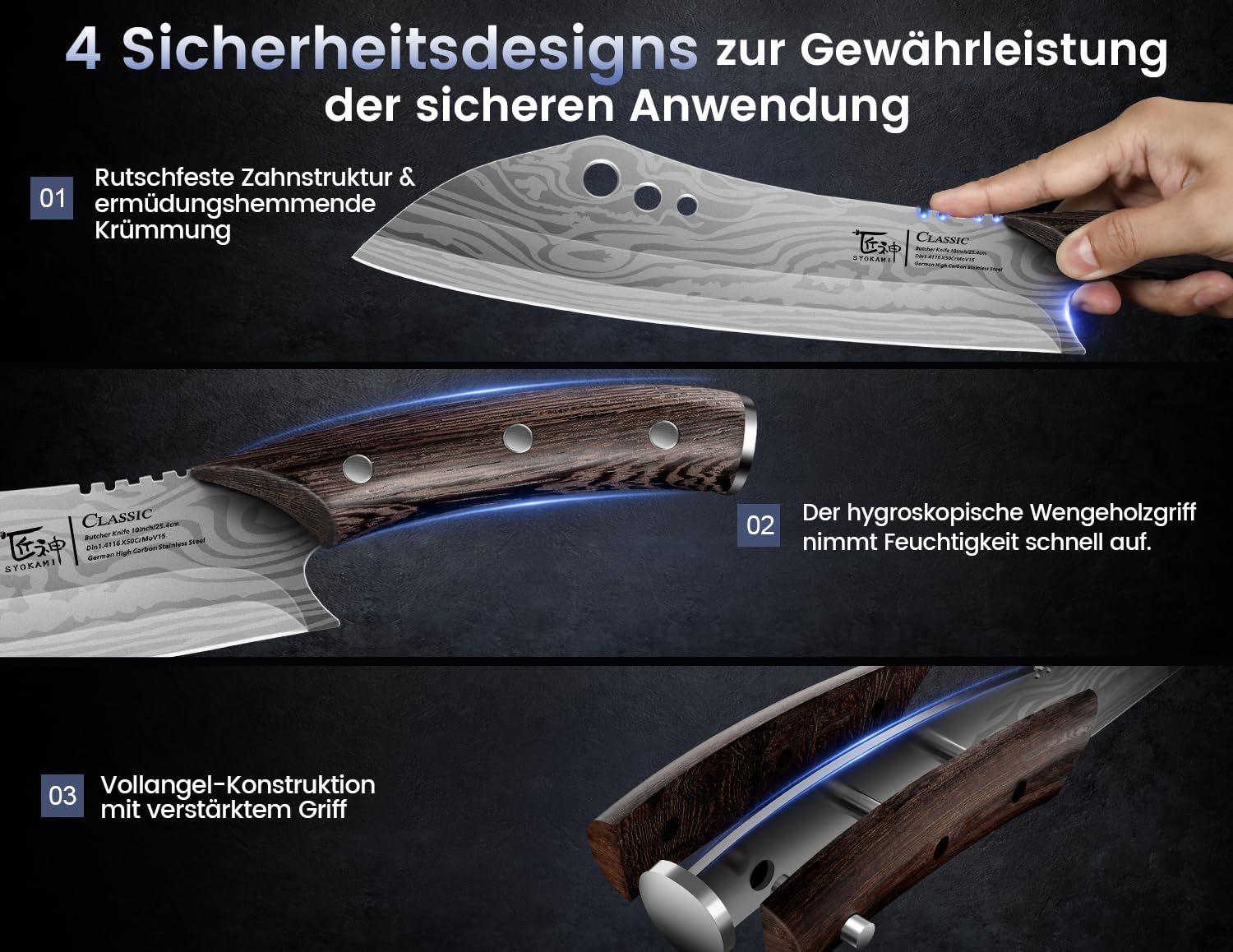 Metzgermesser, Kochmesser mit Kräuterstripper, Japanisches Küchenmesser aus Hochkohlenstoffstahl zum Hacken & Schneiden, Damastmuster, Griff aus Vollholz, Handl Ideal for Gift