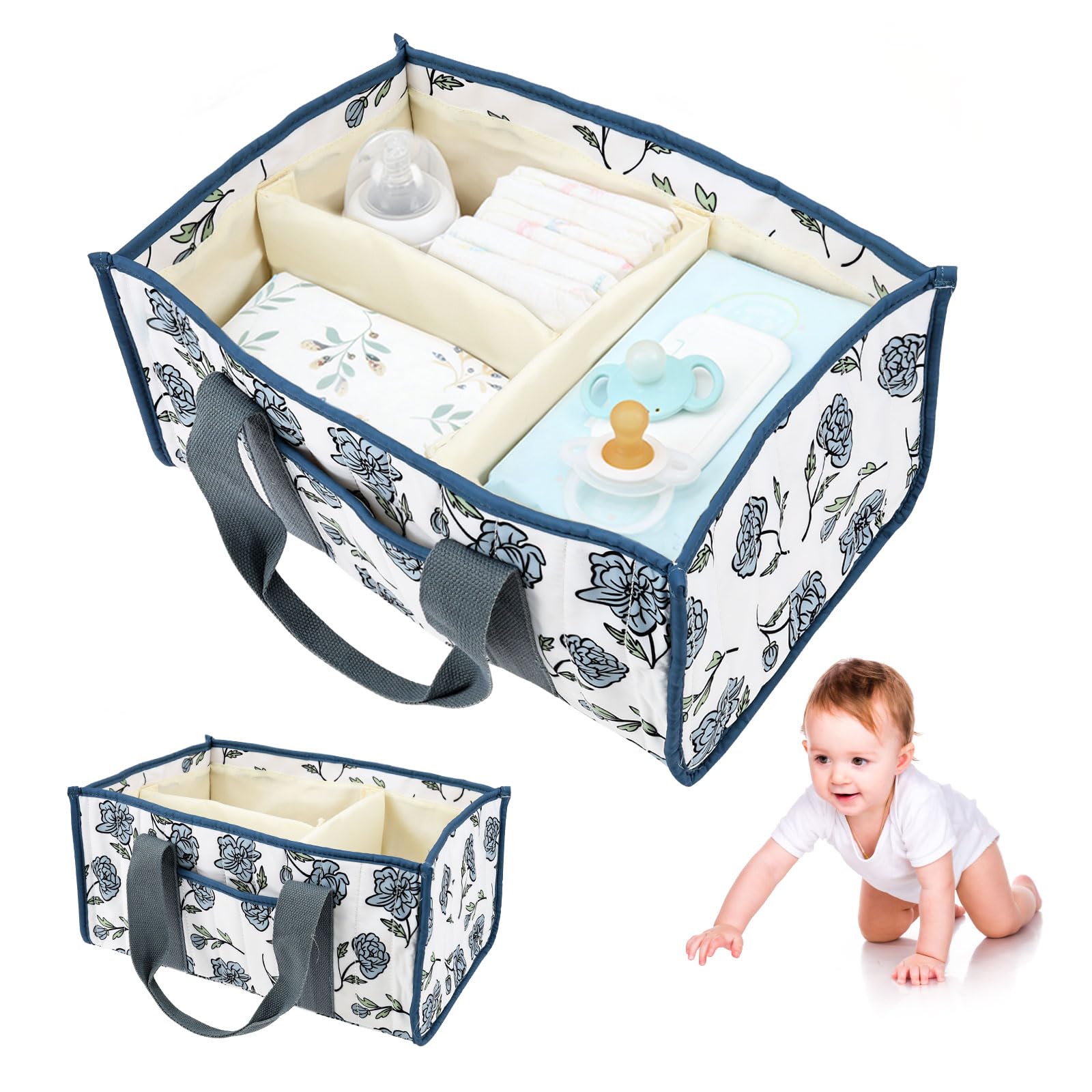YUEKUNTJ Baby Nappy Caddy Organizer Multi Compartment Quilted Diaper Caddy Baby Stuff Container with Handle and Pocket Floral Storage Basket Essential Babies Organizer 38x25x18cm(Slate Blue Peony)
