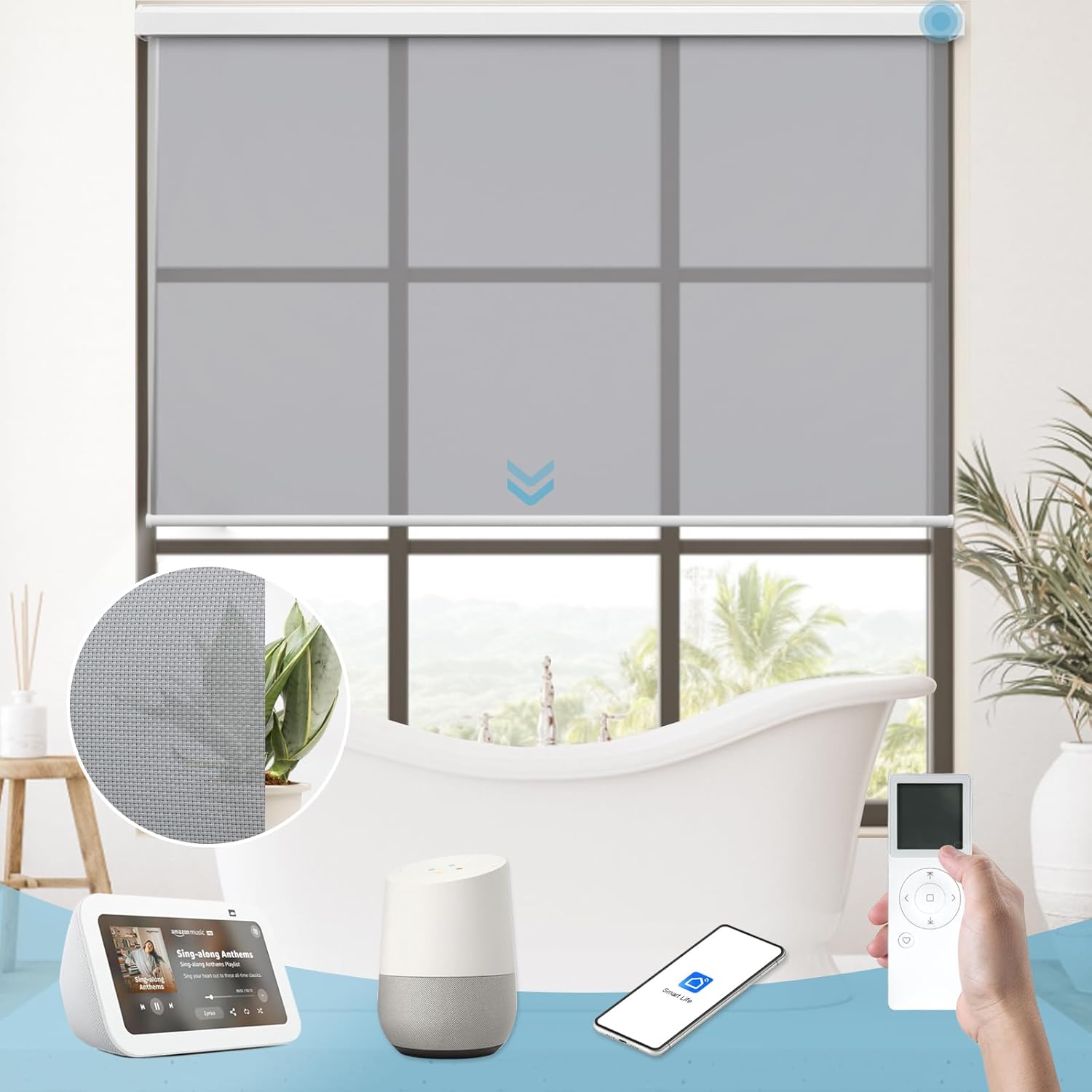 Motorized Shade with Remote, Blackout Smart Roller Blinds for Window, Electric Free Stop Shades Cordless Compatible with Alexa Custom Shade for Home (Vinyl Light Grey)
