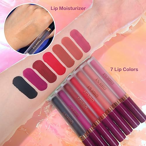 Miniatura 5 de QiBest Juego de 7 lápices labiales líquidos mate con 1 juego de maquillaje voluminizador de labios, negro oscuro, morado, gótico, Halloween, kit de