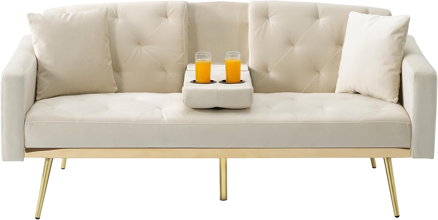 FULife Tufted Upholstered Futon Sofa Convertible Sleeper Couch Bed Daybed Loveseat,Folding Recliner with 2 Cup Holders,Removable Soft Pillow-Top Armrest,3 Angles for Living Room Small Place Beige Velvet W/Toss Pillows 67.7”w