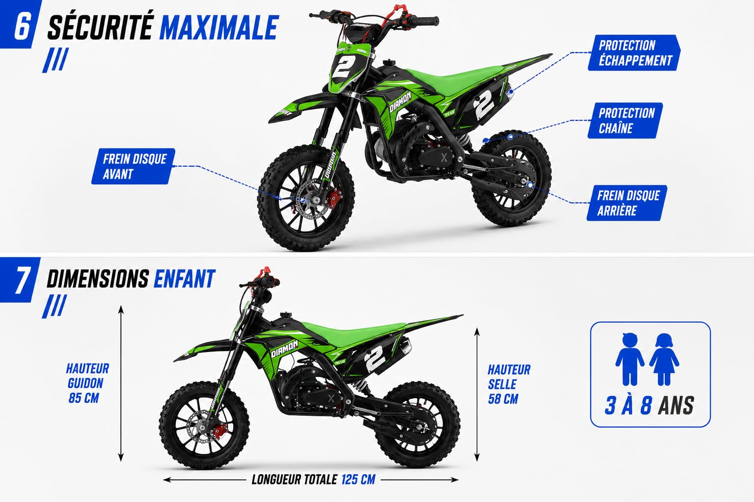 Mini Cross Enfant 49cc Orion RX49 – Pocket Bike Thermique 2 Temps, Démarrage Facile, Freins à Disque, Limiteur Vitesse 3 Pos., Amortisseur Hydraulique – Vert