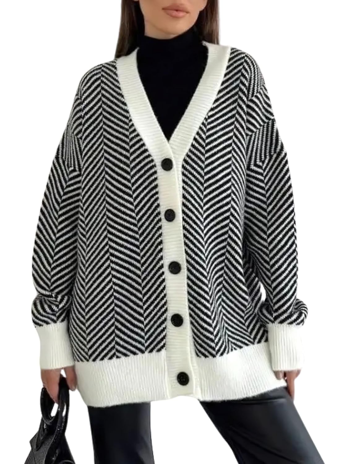 chouyatou Womens 2025 Striped Herringbone Knit Sweater Cardigan Button Front Contrast Trim Jacket Coat