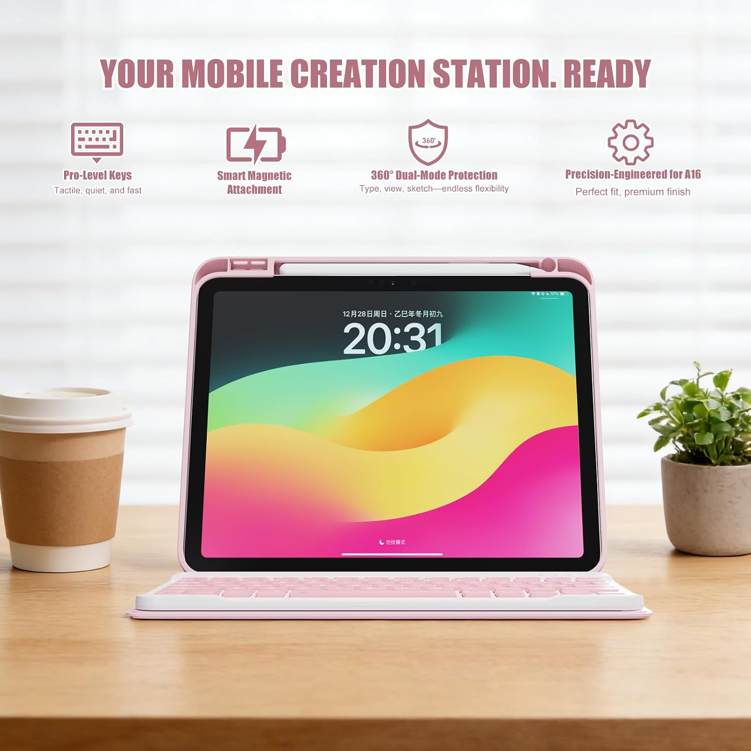 WX100 Bluetooth Keyboard with Case for iPad A16 11th 2025 A3354/A3355/A3356 & 10th Gen (A2696/A2757/A2777) | Detachable Durable Stylish Magnetic Case with Pencil Holder & Multi-Angle Stand - Pink
