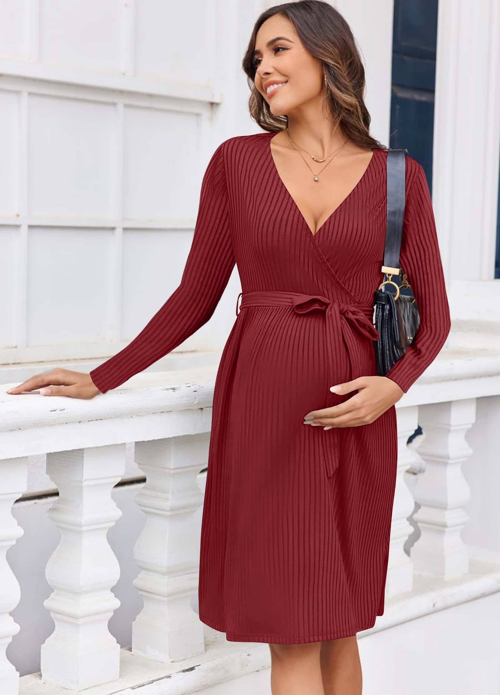 hohololo Robe de maternité à manches longues, col en V, robe de maternité, grossesse, longueur genou