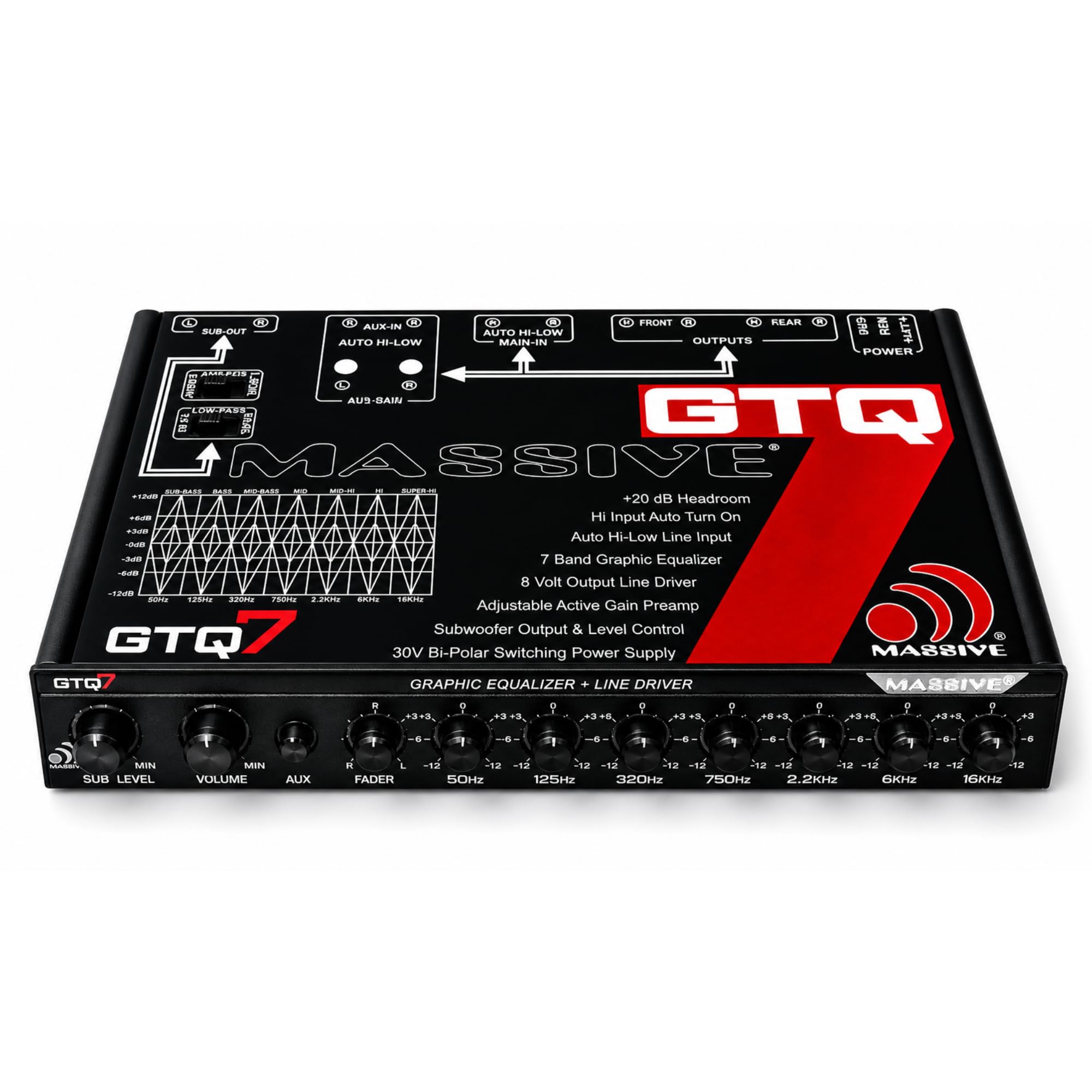 Massive Audio GTQ7 | 7-Band Car Audio Graphic Equalizer – in-Dash 7V Line Driver, Adjustable Subwoofer Crossover, Dual RCA Inputs, High/Low Fader Control for Precision Sound Tuning