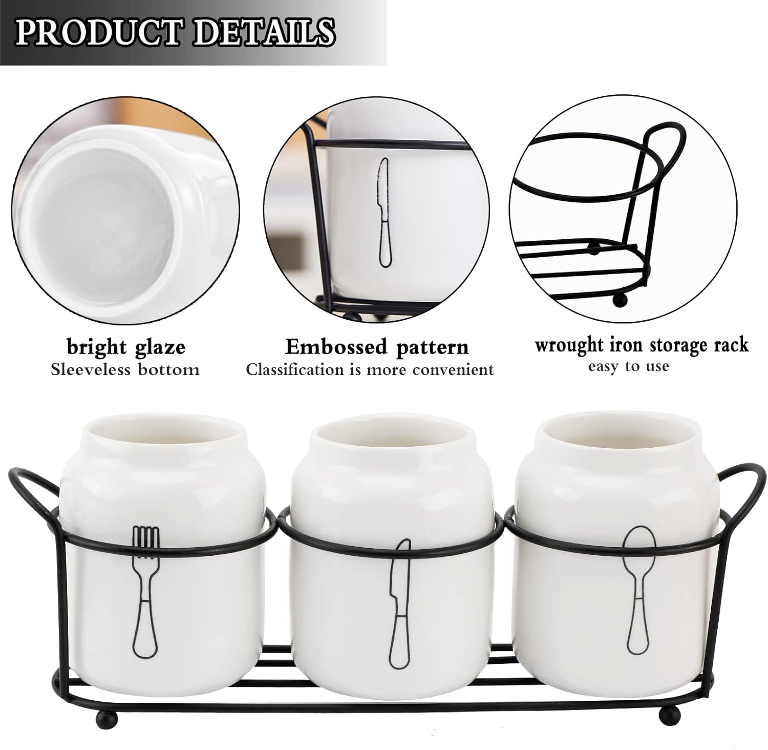 4 Piece Silverware Holder for Organizer Countertop White Ceramic Silverware Caddy with Black Metal Rack, Fork Spoon Utensil Holder Flatware Organizers Cutlery Storage for Kitchen Tabletop Cabinet