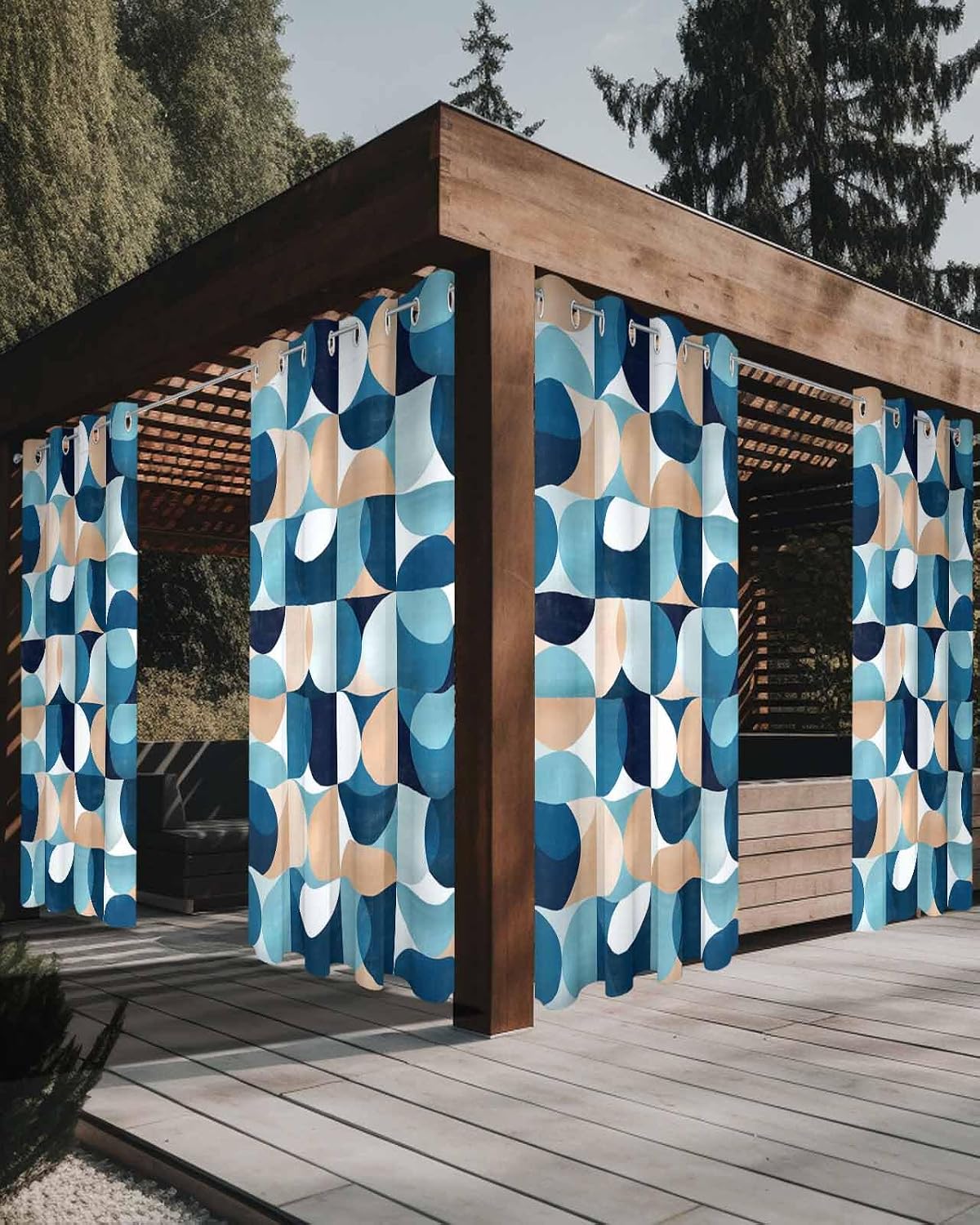 Indoor Outdoor Curtains for Patio Retro Middle Ages Abstract Geometic Teal Blue Outside Curtains Waterproof Grommet Privacy Drapes Light Filter Curtain for Porch Pergola Gazebo 52" Wx108 L 1 Panel
