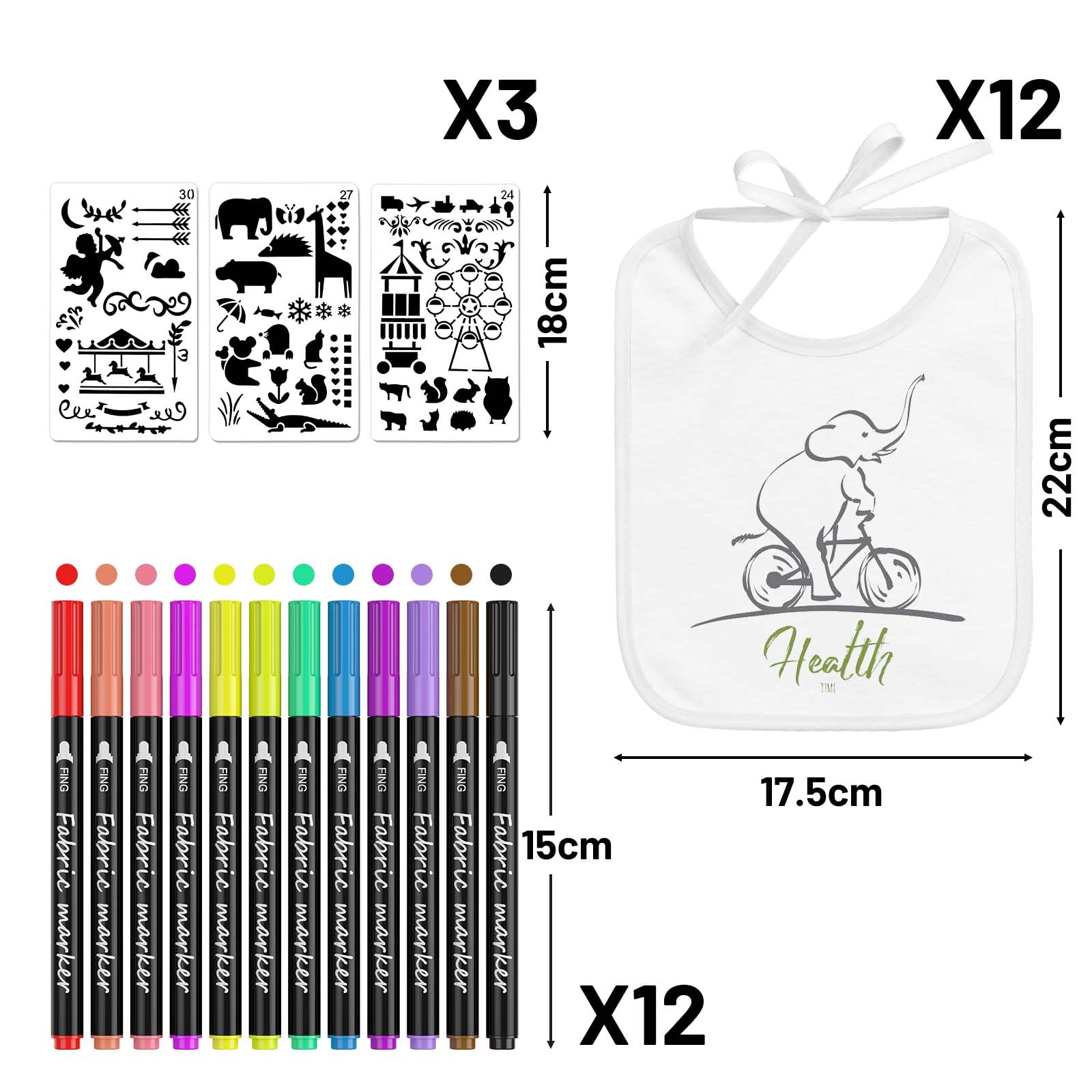 12 do pomalowania z 12 kolorowymi pisakami do tkanin i 3 szablonami, dwustronne dziecięce śliniaki, białe do malowania, prezent na przyjęcie baby shower DIY