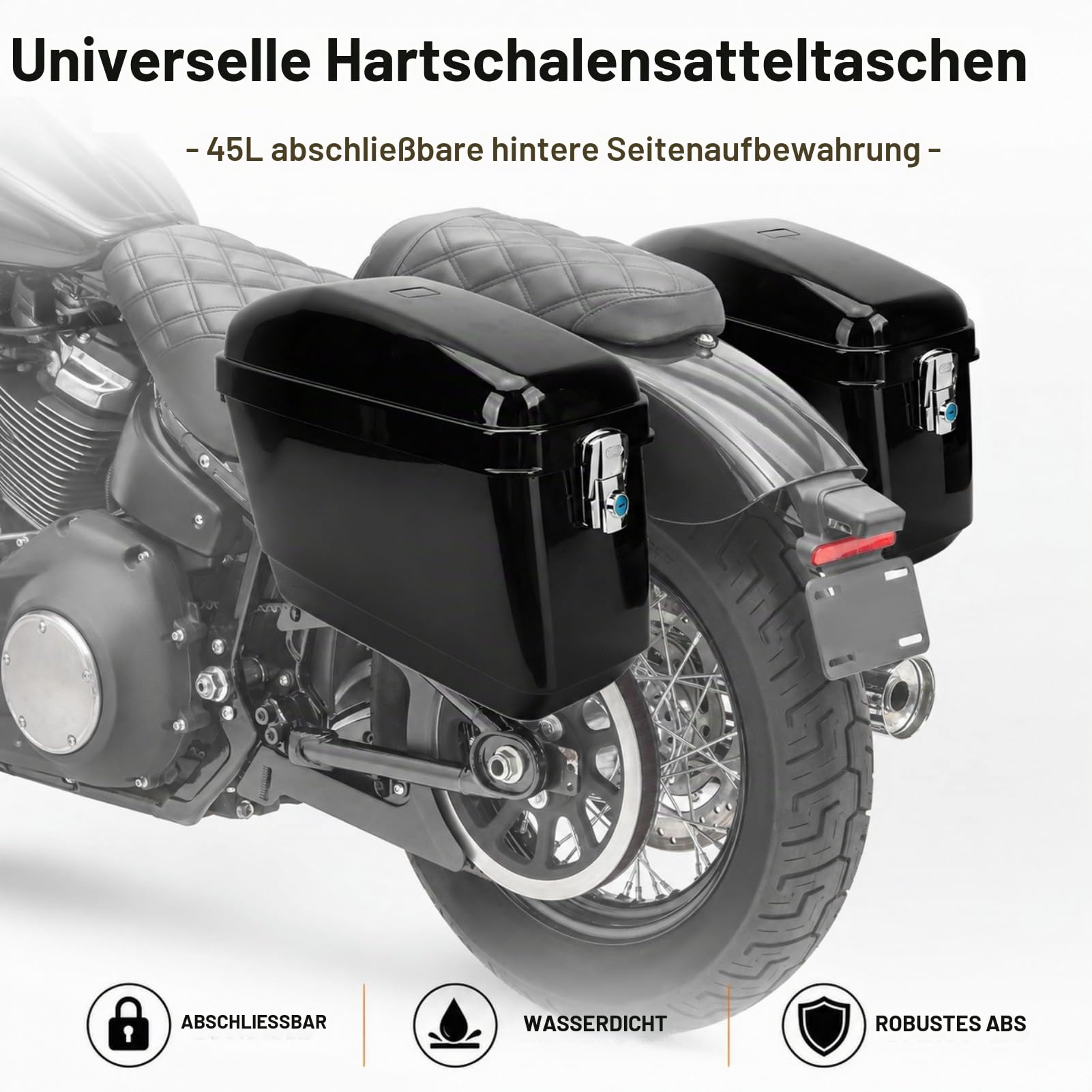 45L Motorrad Seitenkoffer mit Montagesatz, Abschließbare ABS Hartschalen Satteltaschen, Universal Seitentasche für Cruiser Chopper Touring, Wasserabweisende Motorrad Tasche Schwarz