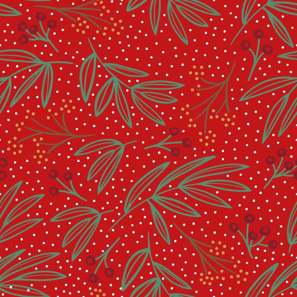 Oh Sew Crafty Limited Red Polycotton Fabric Mistletoe Snow Leaf Leaves Berry Christmas Festive (Sold Per Metre) (Red)