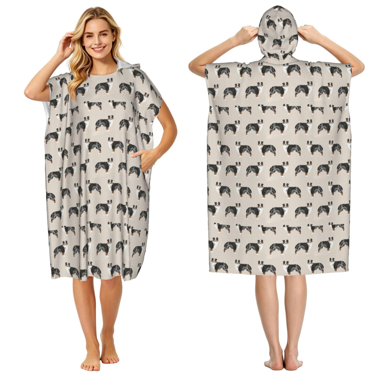 Poadnly Australian Shepherds Cute, Adult Hooded Beach Towel 90 x 110 cm,Changing Bath Robe, Surf Poncho Towel For Women Men