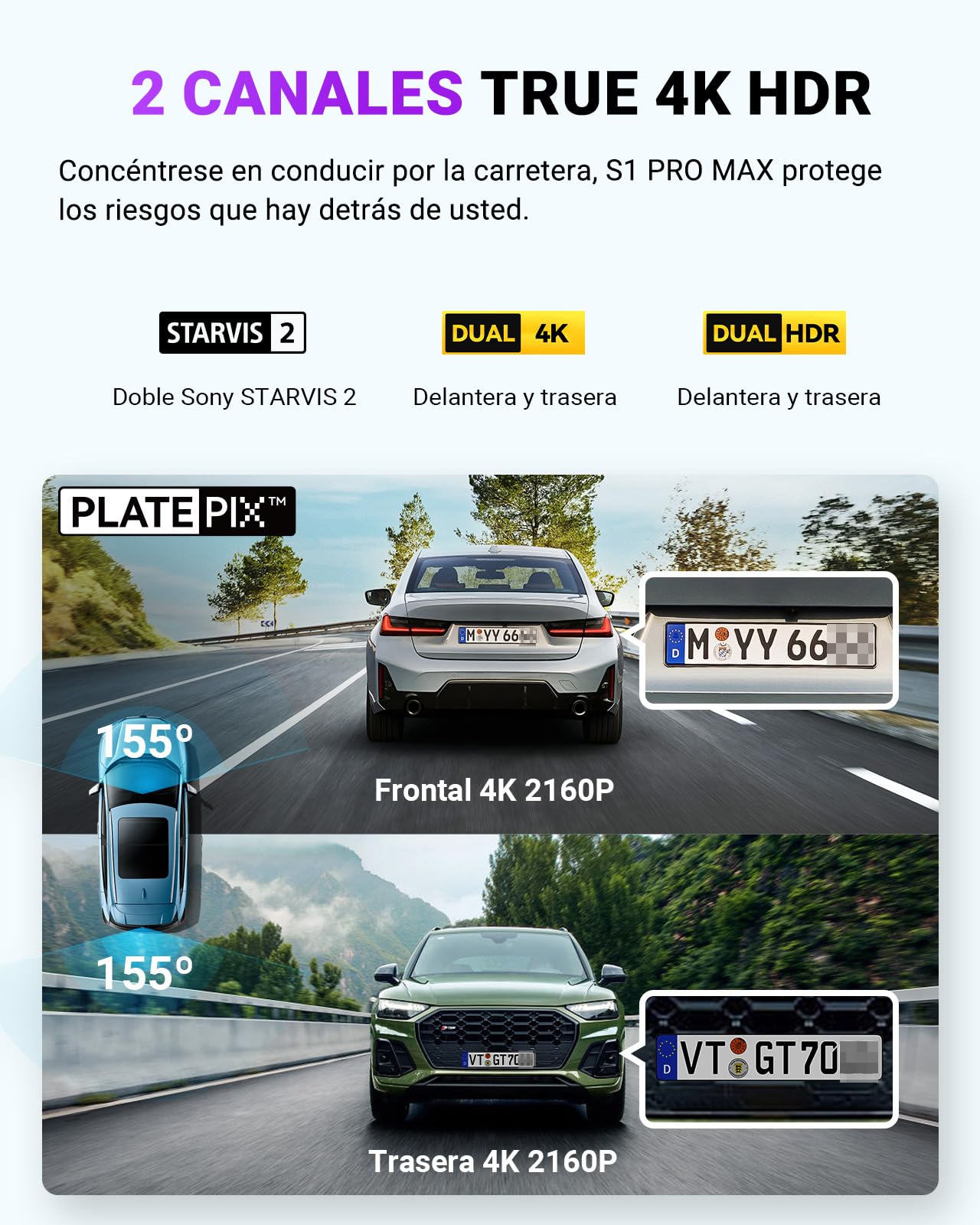 VANTRUE S1 Pro MAX 4K+4K Dual STARVIS 2 Dash CAM Coche, dashcam cámara Coche, 5G WiFi PlatePix AI GPS 360 Grados HDR Buffer, cámara para Coche, LTE Opcional, comandos de Voz, 1 TB máx.