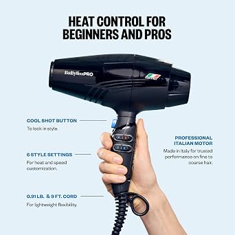 BaBylissPRO Hair Dryer, Nano Titanium Rapido 2000-Watt Blow Dryer, Hair Styling & Appliances, Black, BRAP1