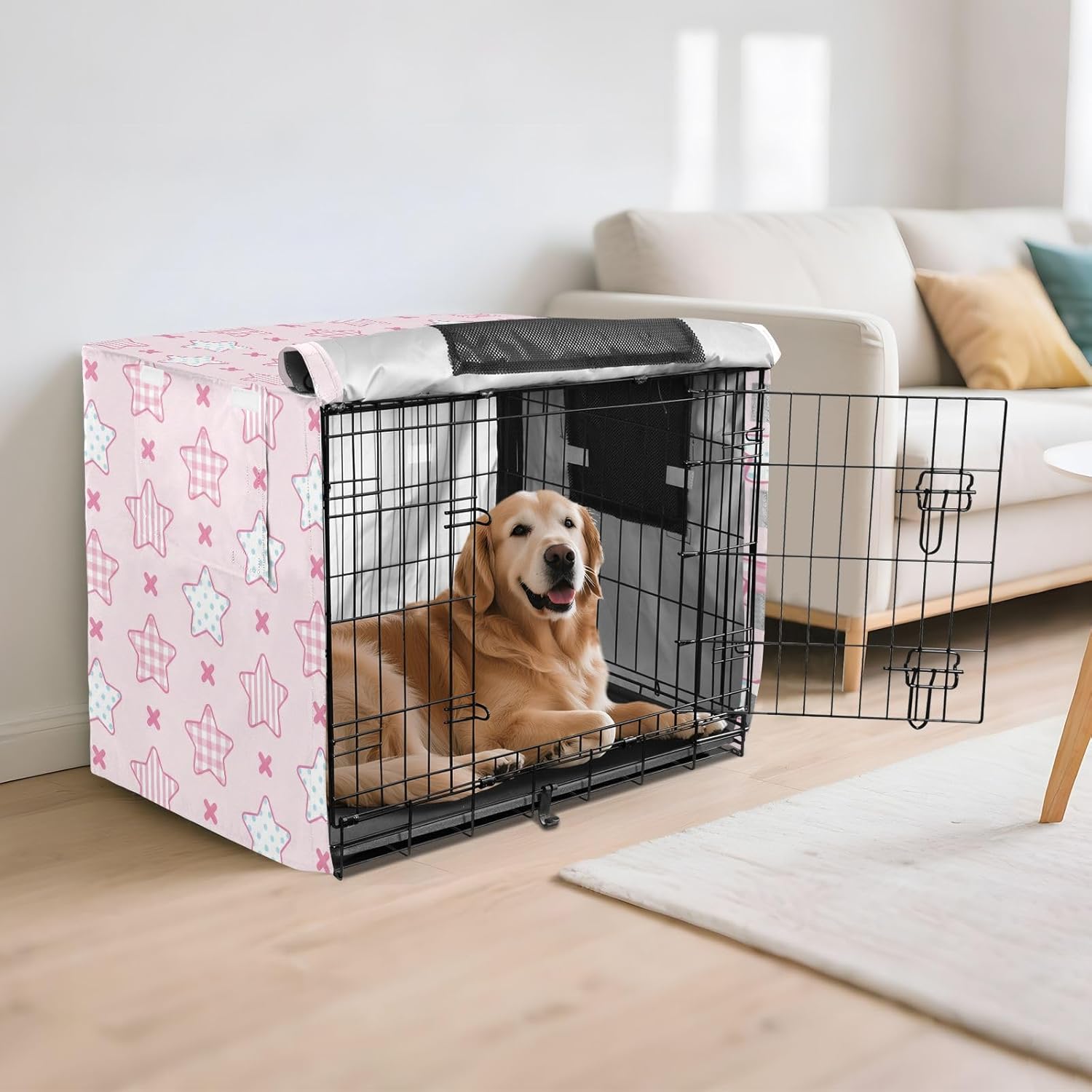 Duty 600D Silver Coated Dog Crate Cover, Water-Resistant Stars Pet Kennel Canopy with Mesh Windows for Optimal Ventilation, Universal Fit for Standard Wire Cage, Indoor & Travel