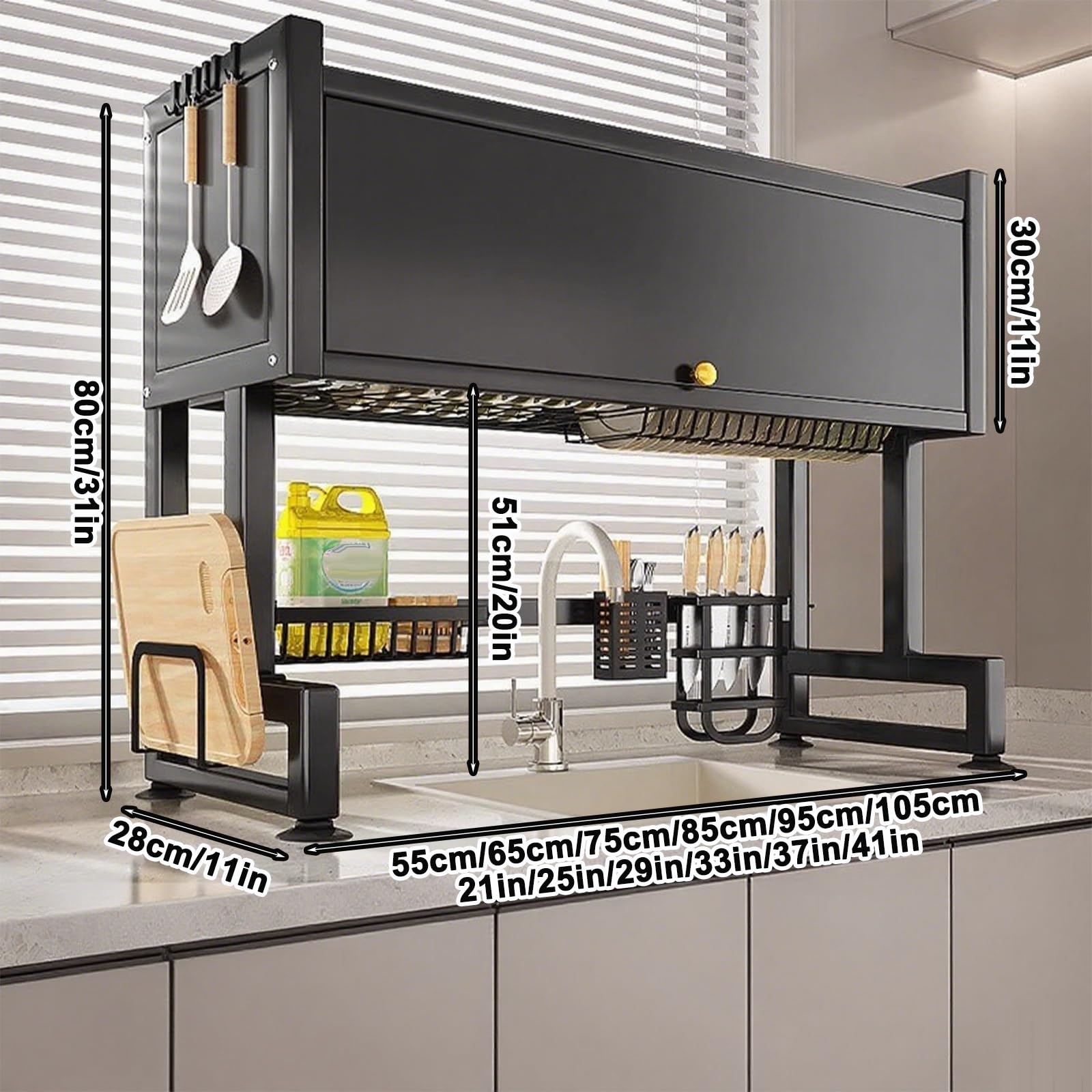 Escurridor de platos de acero inoxidable 304 de alta calidad, ahorra espacio, duradero y elegante, acabado negro de 55 cm para un almacenamiento eficiente en la encimera